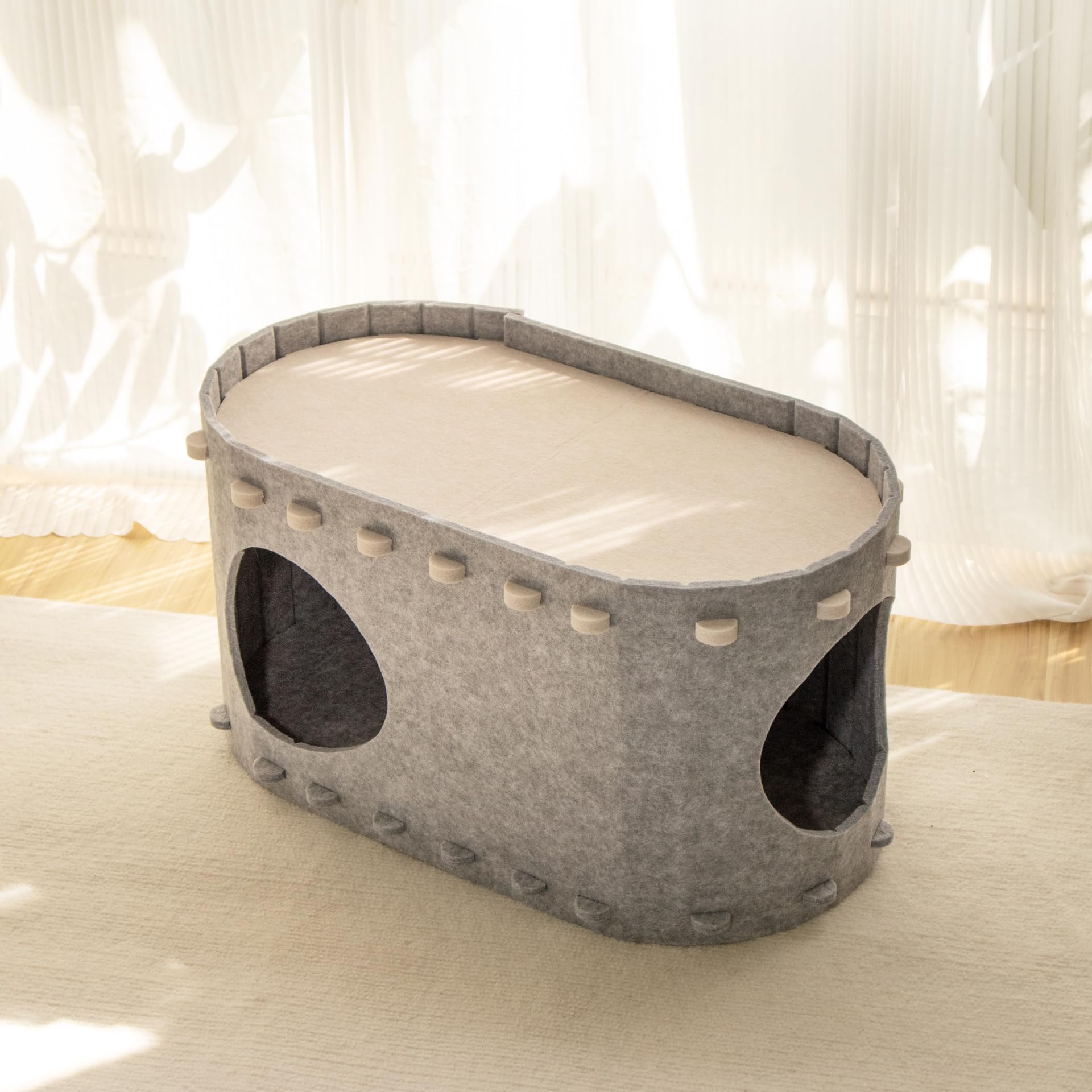 Casa para gatos de interior, cama para gatos grandes y múltiples, resistente a los arañazos, soporte creativo para gatos de hasta 22 libras, forma ovalada, gris