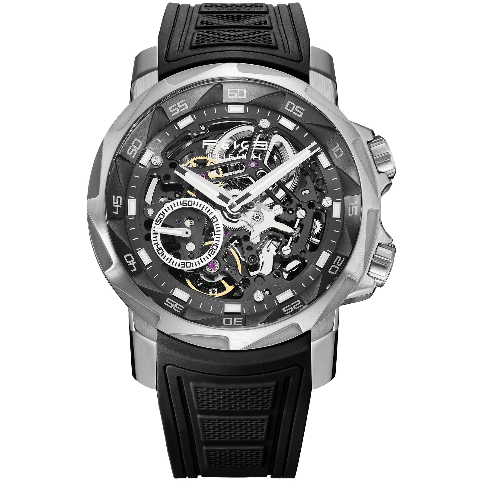FEICE FM511 Herren Automatikuhr Skelett Saphirglas Schwarzem Gummiarmband | Edelstahlgehäuse 46 mm, Skelettiertes Zifferblatt, Leuchtzeiger, Wasserdicht bis 5 ATM
