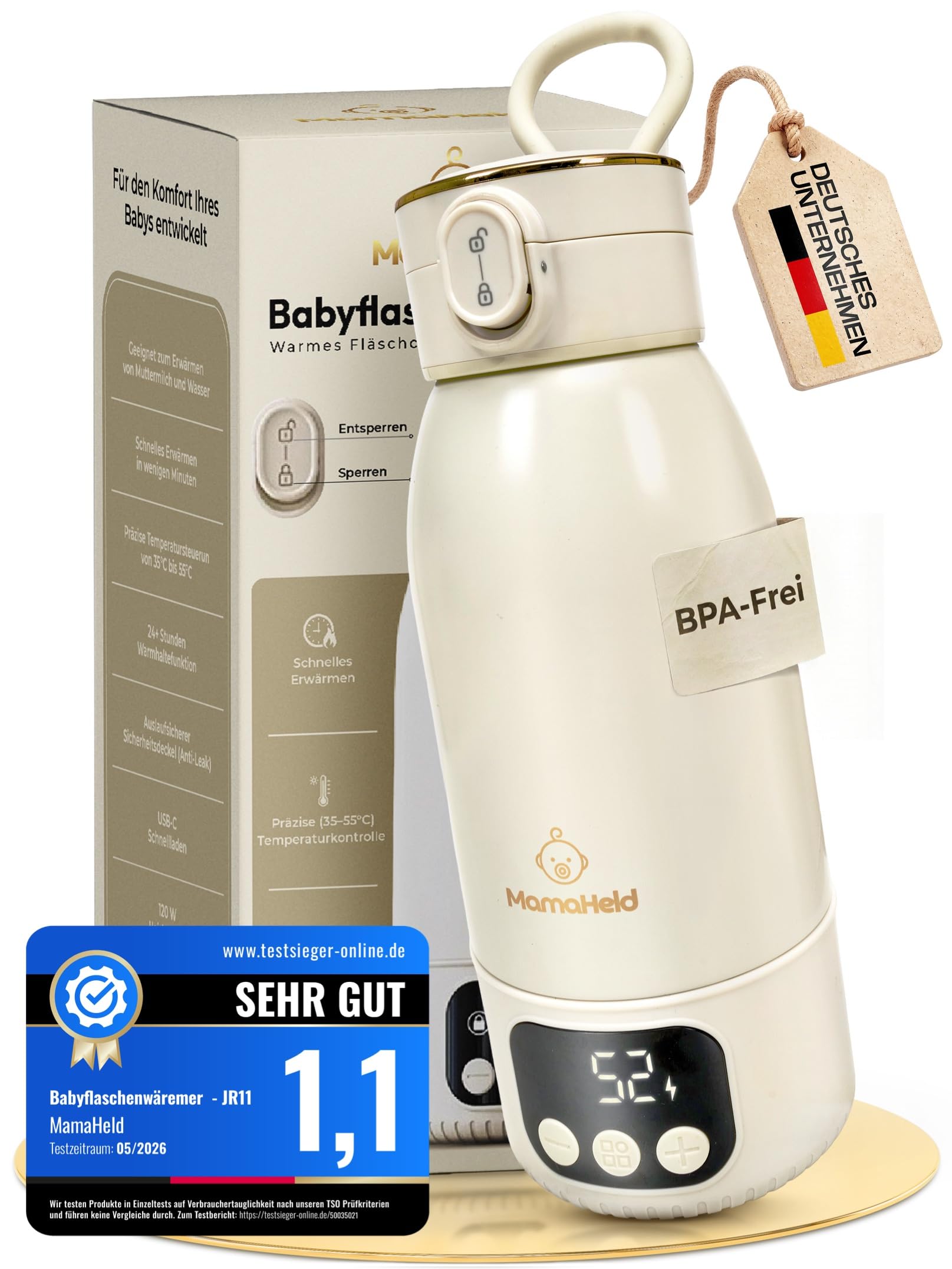 Tragbarer Babyflaschenwärmer für unterwegs – Schnelles Aufheizen in 2 Min | 500ml Kapazität | Für Muttermilch & Wasser | BPA-frei | Mehrfach nutzbar pro Tag | inkl. Bürste & Mama Ratgeber
