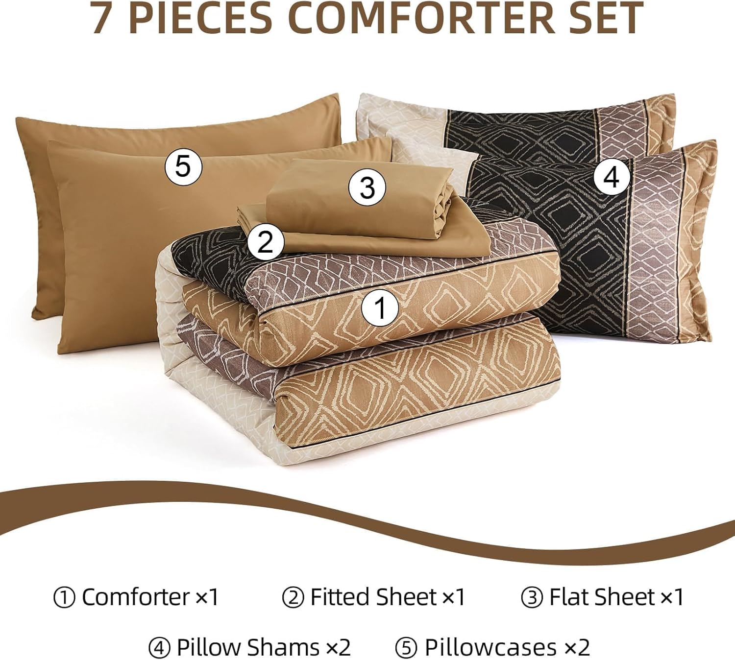 Dinjoy Brown King Size Comforter Set,Striped Bed in a Bag King 7 Pieces Soft Boho Bedding Comforters Sets Microfiber Bed Complete Set with Sheets for Fall Winter - Image 4