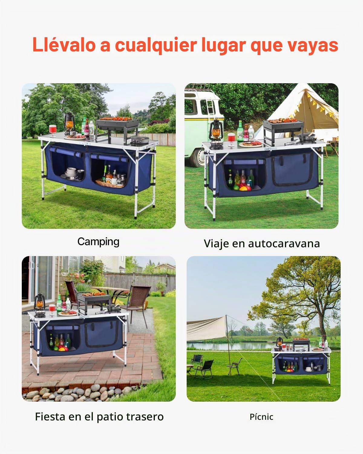 VEVOR Mesa de Cocina Plegable para Exteriores, Altura en 3 Niveles, Estación de Cocina Portátil Liviana Aluminio con Organizador de Almacenamiento, Asa de Transporte, para Barbacoa, Fiesta, Azul