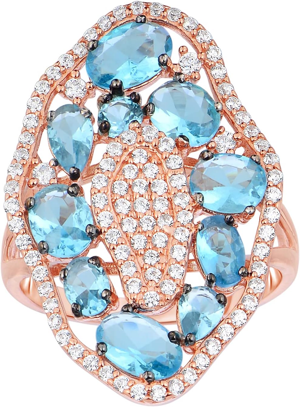 925 Sterling Silver Simulated Blue Topaz Statement Ring, Size 7 Rose Gold Plated