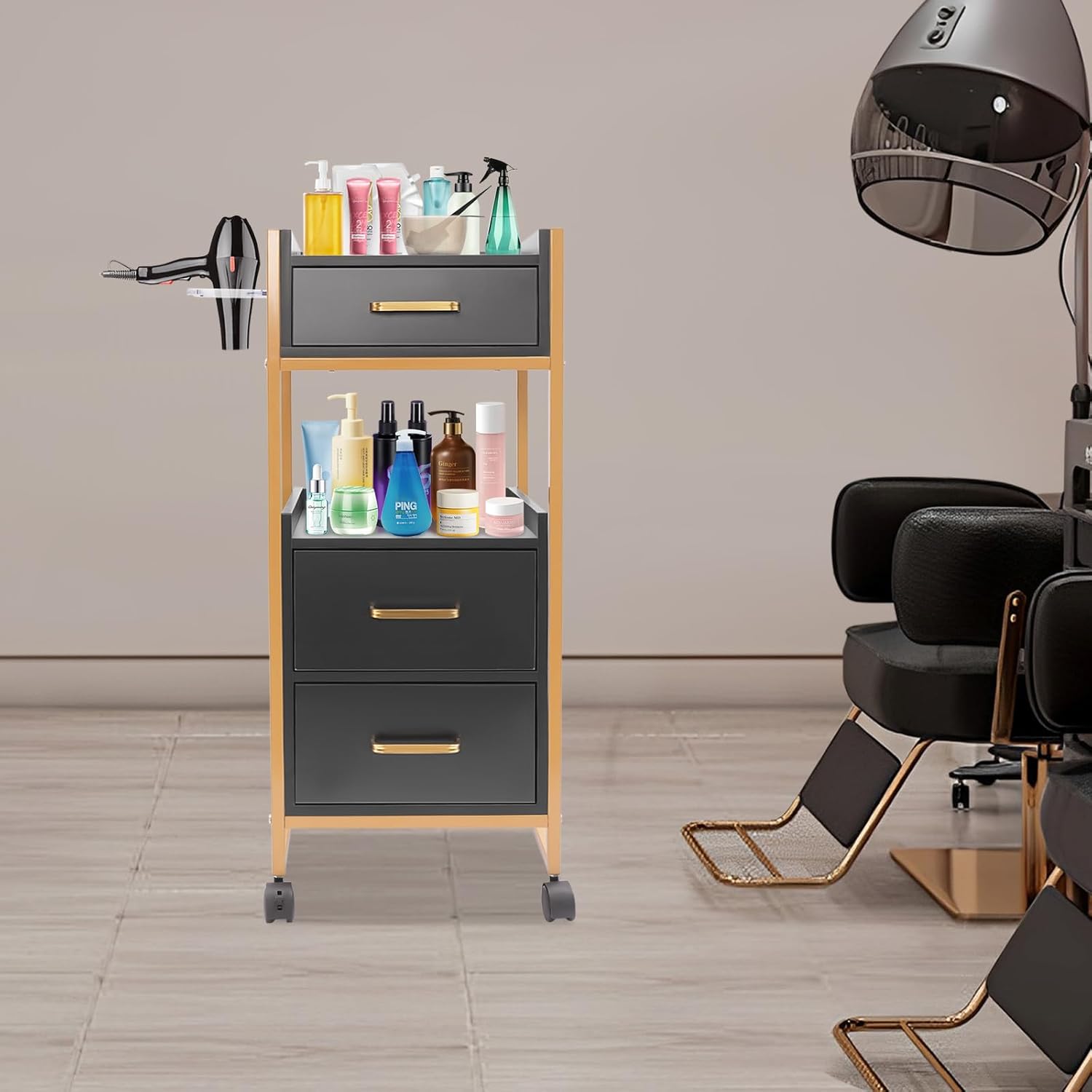 Salon Storage Cabinet, Salon Cart Barber Trolley, Barber Shop Tool Cabinet with Wheels, Salon Storage Trolley, for Spas, Locker Room, Barber Store, Nail Salon, Massage Parlor, Beauty Salon (Black)