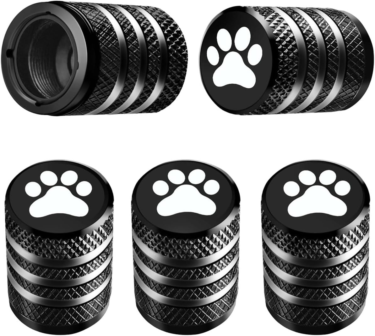 Tire Valve Stem Caps Cover - (5 Pack) Tire Air Caps Metal with Plastic Liner Corrosion Resistant Leak-Proof Dog Paw Print for Car Truck Motorcycle Bike Black