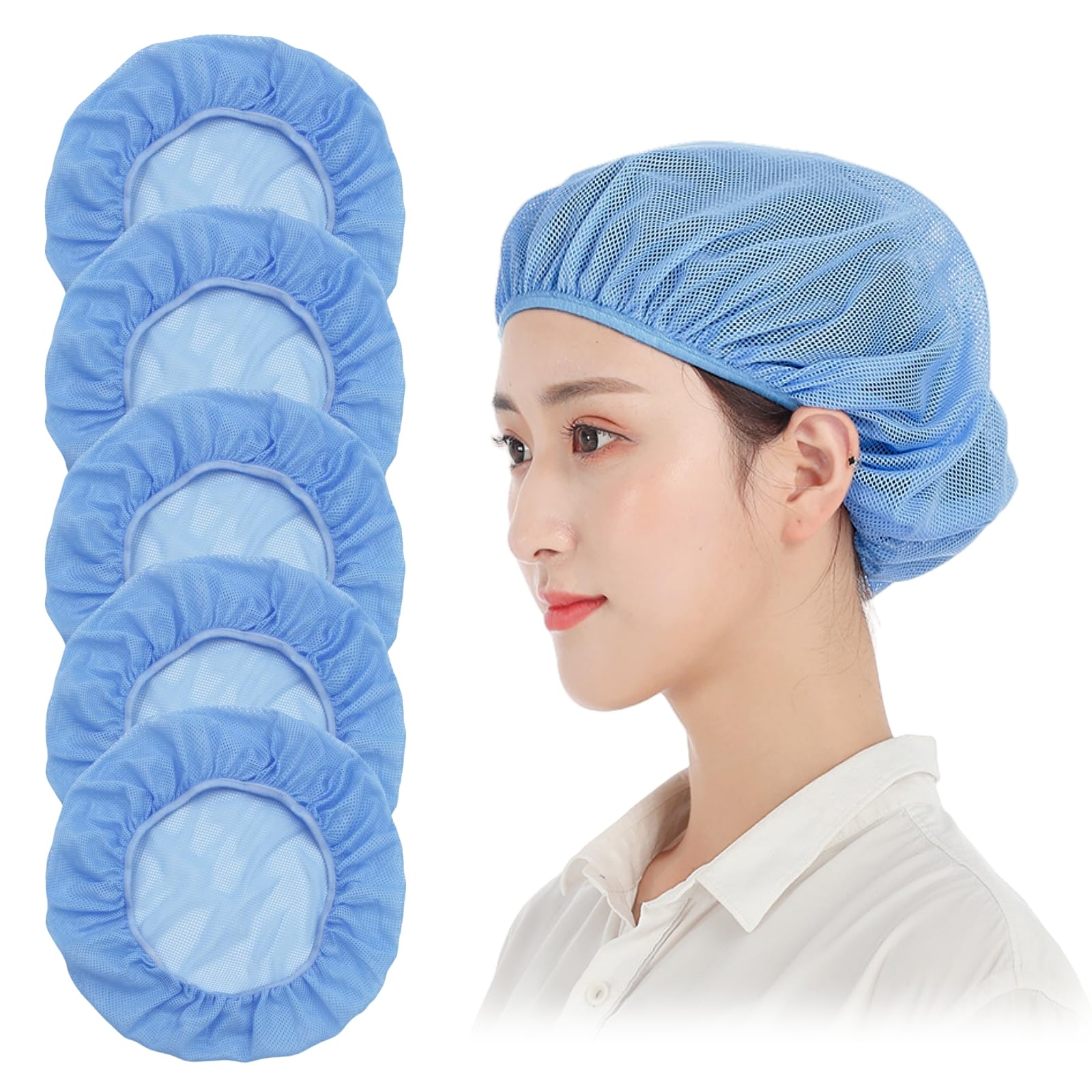 DUOYIJIN Mesh Waiter Chef Caps 5PCS Elastic Catering Hats Restaurant Kitchen Cooking Hats Industrial Workshop Hair Net Adjustable Reusable Food Service Hat for Unisex Workers Cleaners Bakers(Blue)