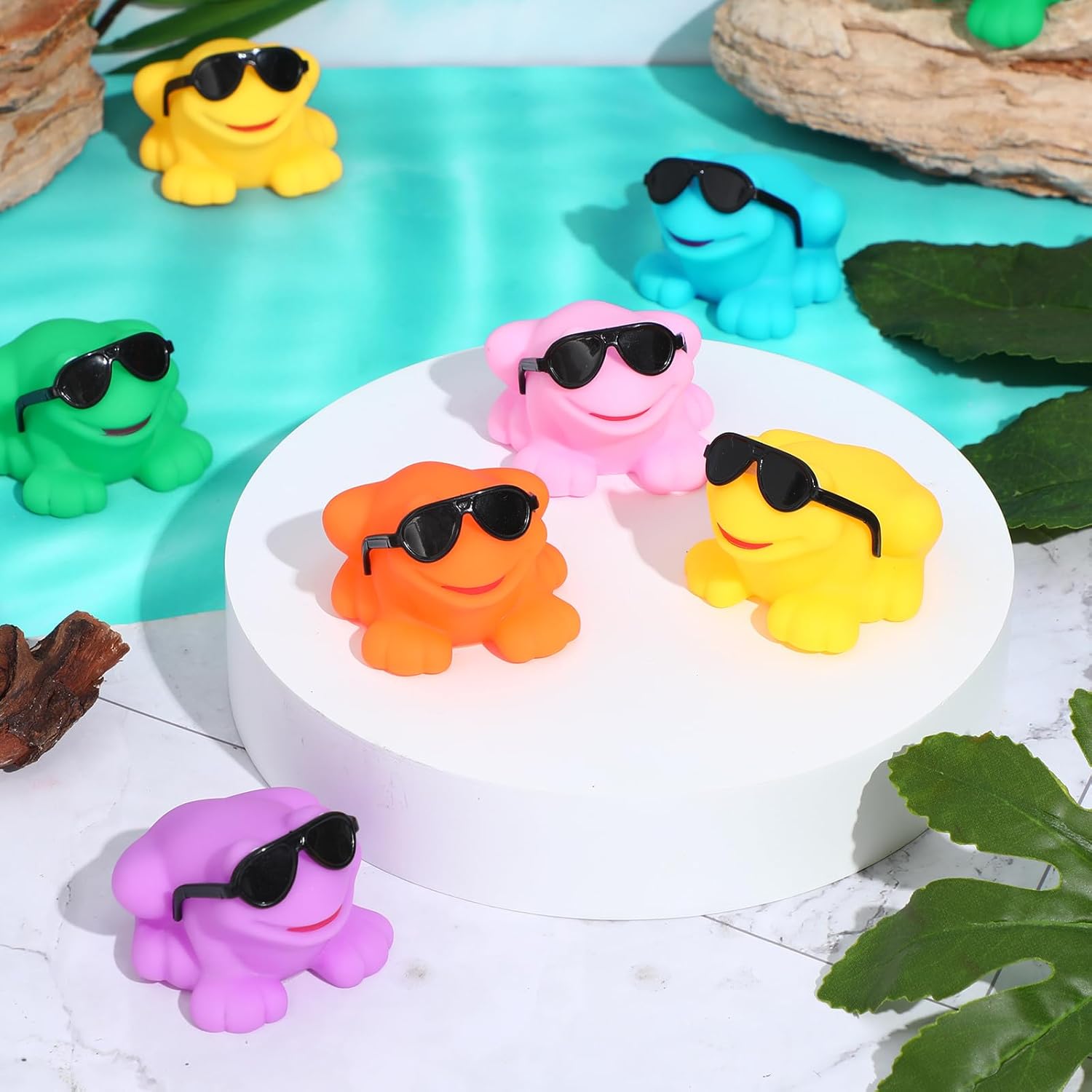 Halloscume 48 Pack Mini Rubber Frogs Bulk with Sunglasses Small Squeaky and Floating Frog Toy Swimming Shower Frog for Summer Birthday Party Classroom Exchange Carnival Prize