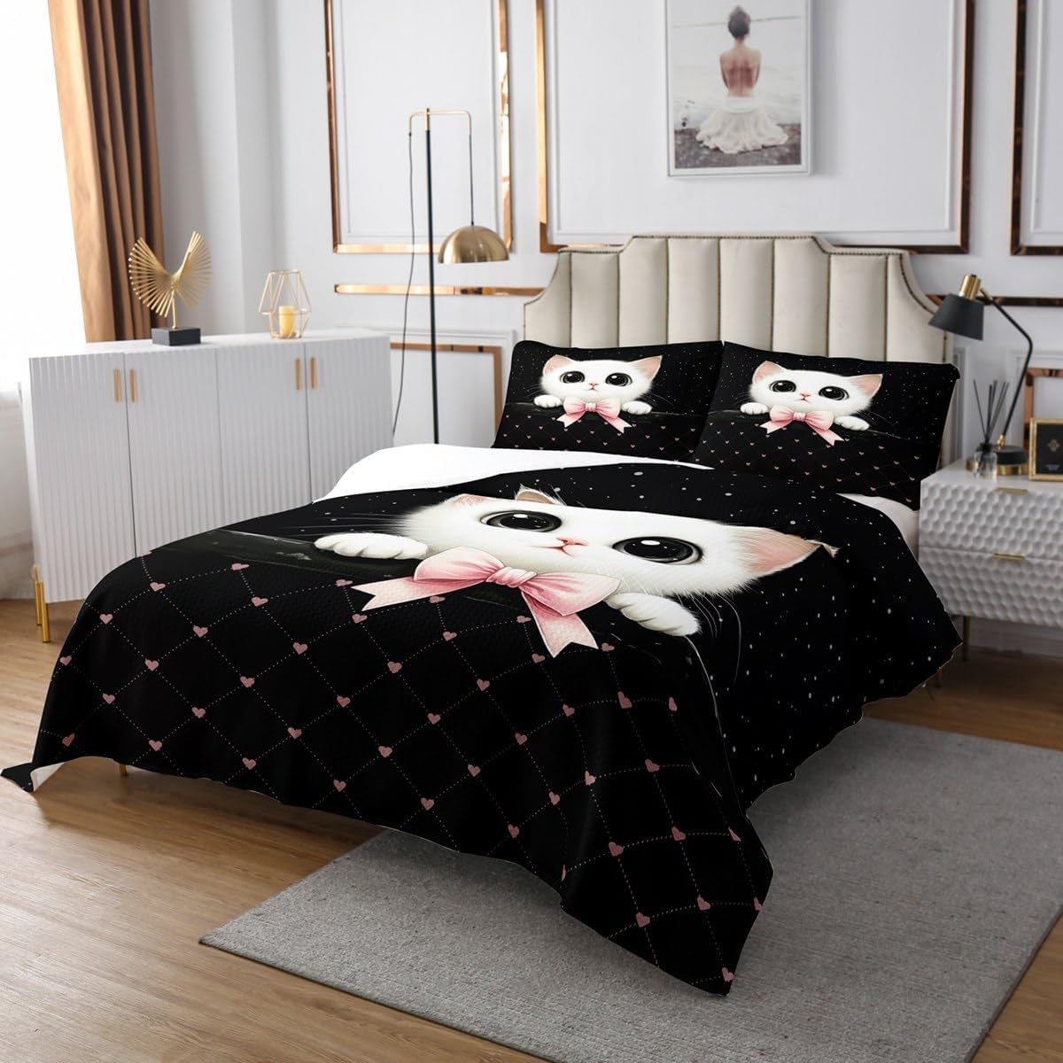 Cute Cat Bedspread Queen Size,Pink Bowknot Kids Comforter Set Love Print Grid Bedding Sets 3Pcs for Girls Boys Woman Room Decor,Cartoon Pet Animals Theme Coverlet Quilt,2 Pillowcases