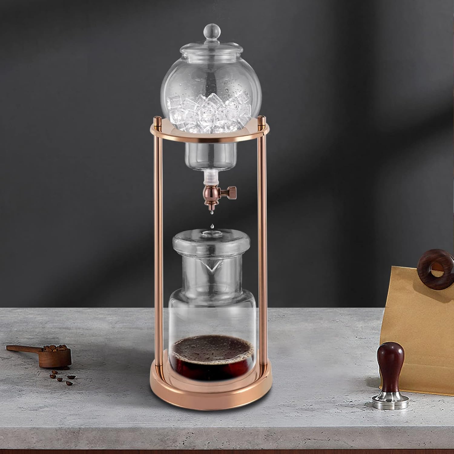 20.29oz Cold Brew Coffee Maker,Iced Coffee Cold Brew Drip Tower in Stainless Steel and Borosilicate Glass,Portable Glass Cold Extraction Coffee Pots for Home,Coffee Shops,Cafes,Offices (Gold)