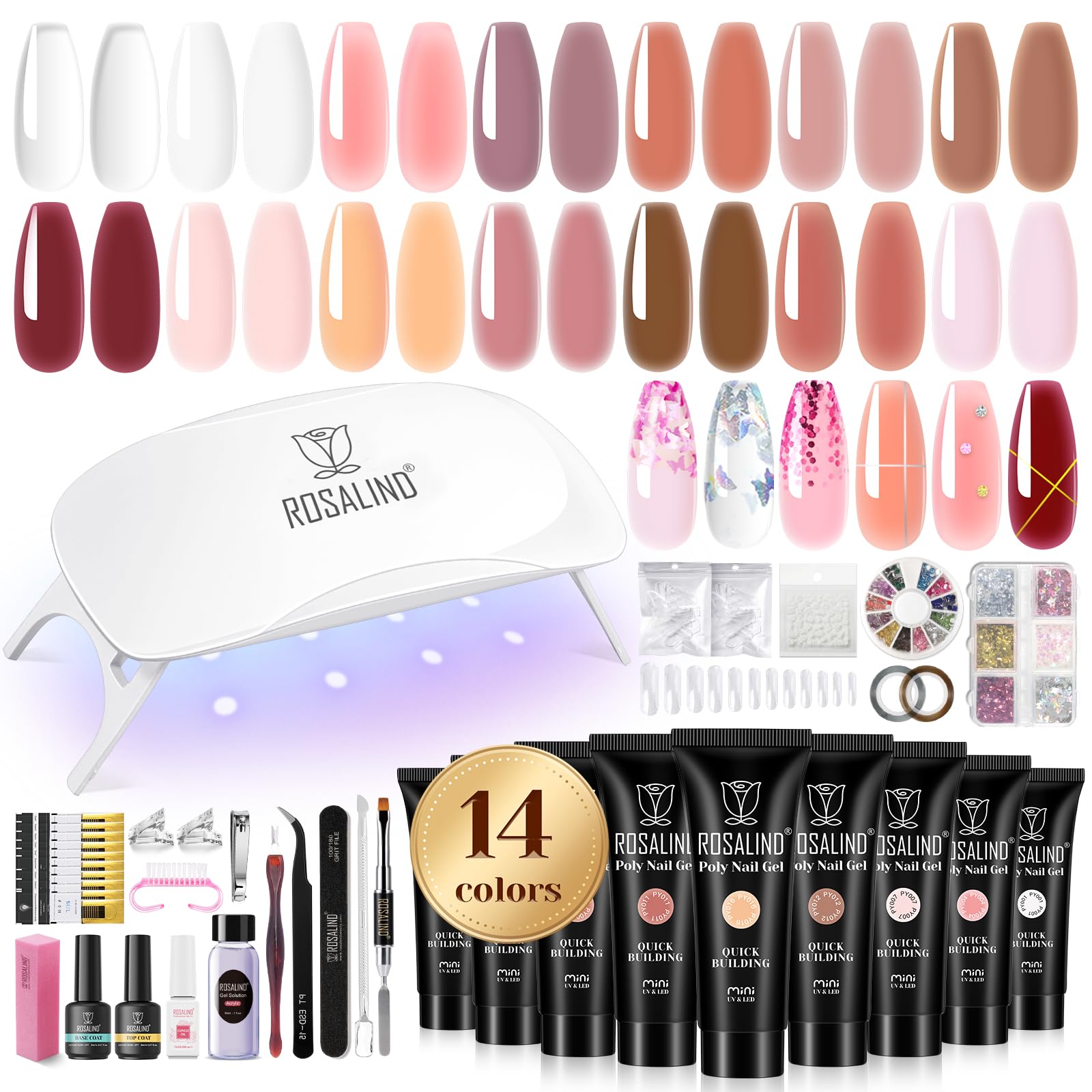 ROSALIND Kit Unghie Gel Completo, Kit Gel Ricostruzione Unghie 14 Colori con Mini UV/​LED Lampada, poligel per Unghie con Base y Top Coat, Nail Art Estensione delle Unghie Kit
