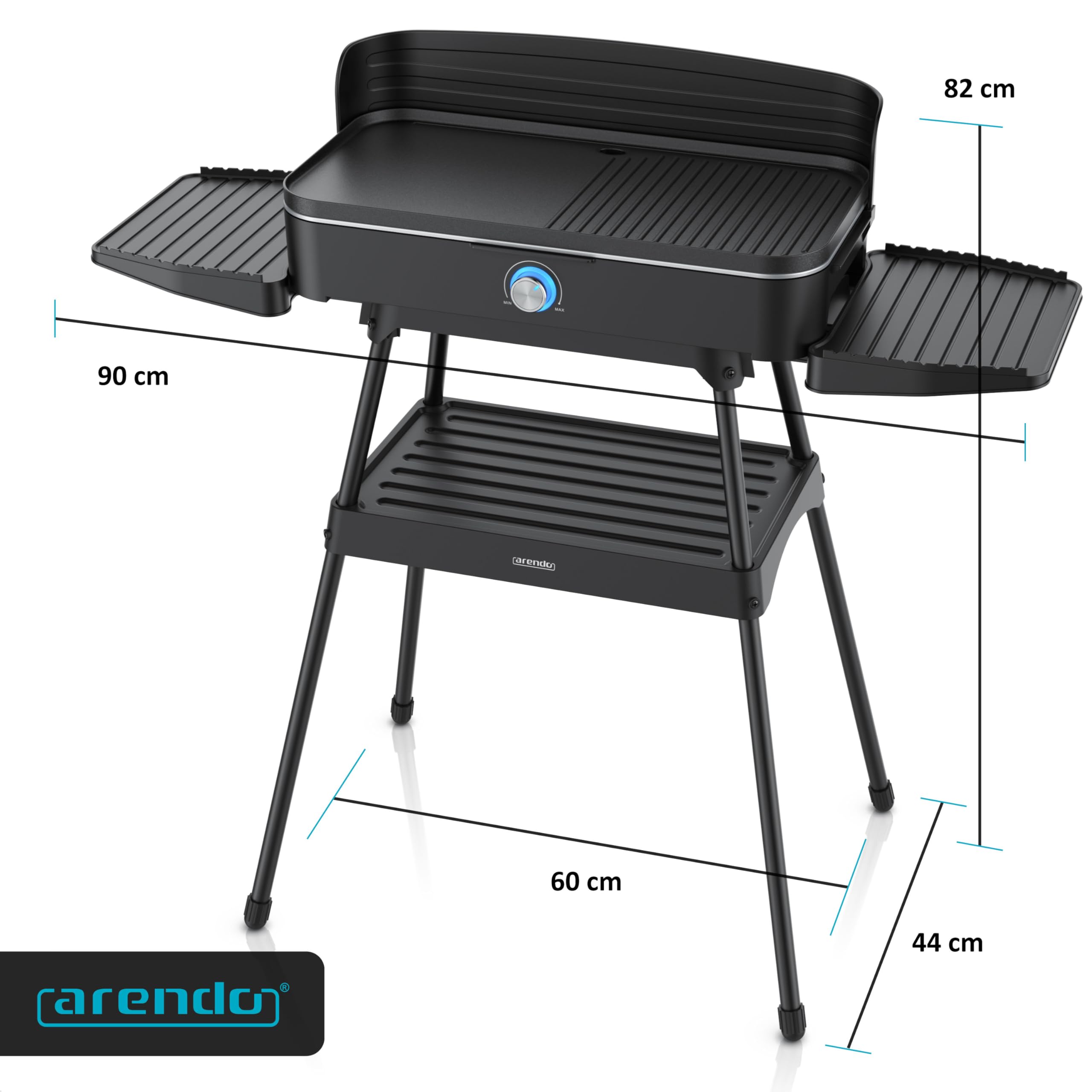 Arendo - Tischgrill Elektrogrill Edelstahl – 2200W Leistung – Gleichmäßige Temperaturverteilung – Geteilte Garflächen – Antihaft-Beschichtung – Standfuß mit Ablage – Spritzschutz – Für Balkon Terrasse