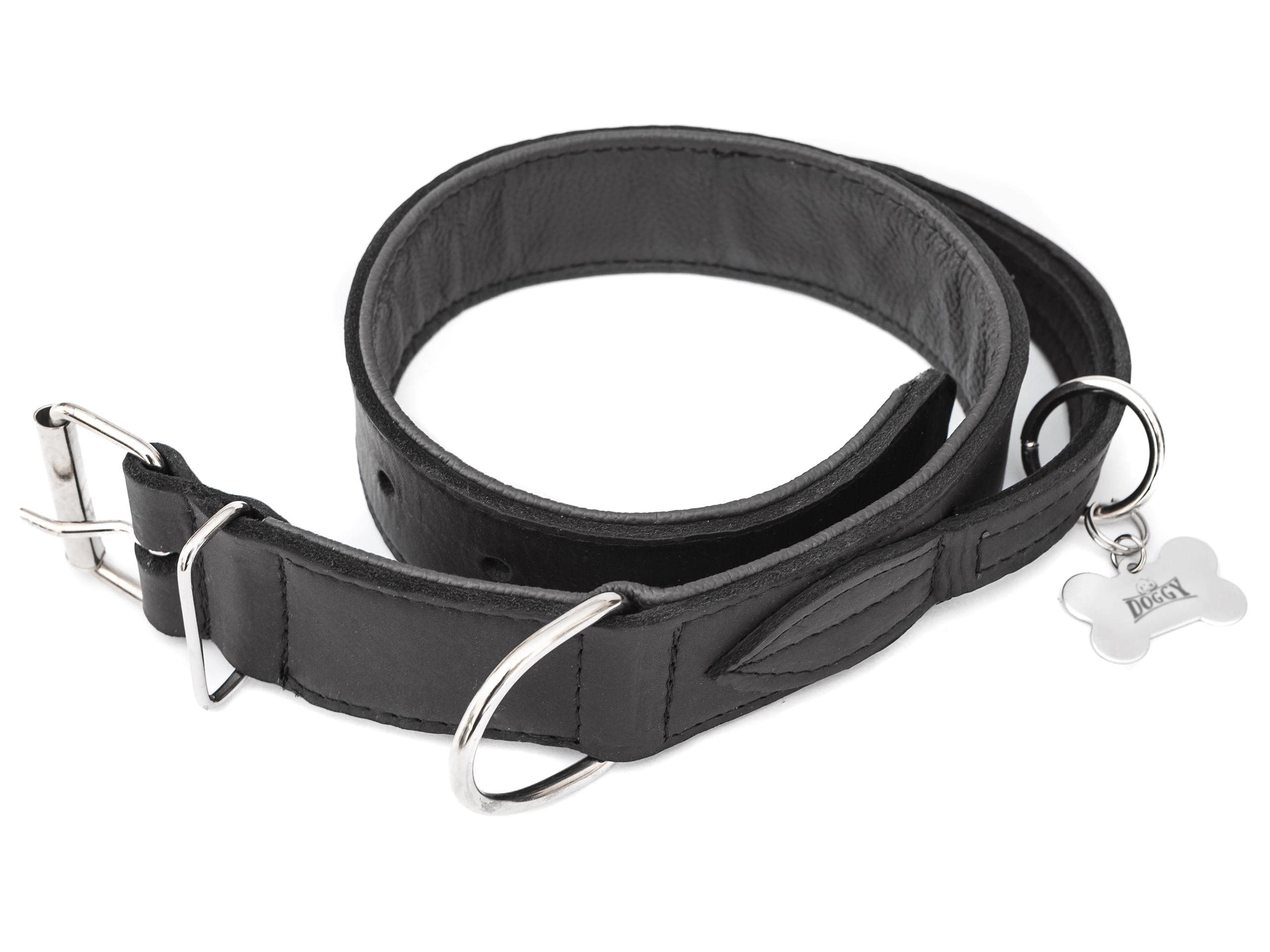 Collier pour chien en cuir avec poignée - Collier en cuir pour chien - Collier avec boucle en métal - Noir - 47-54 cm