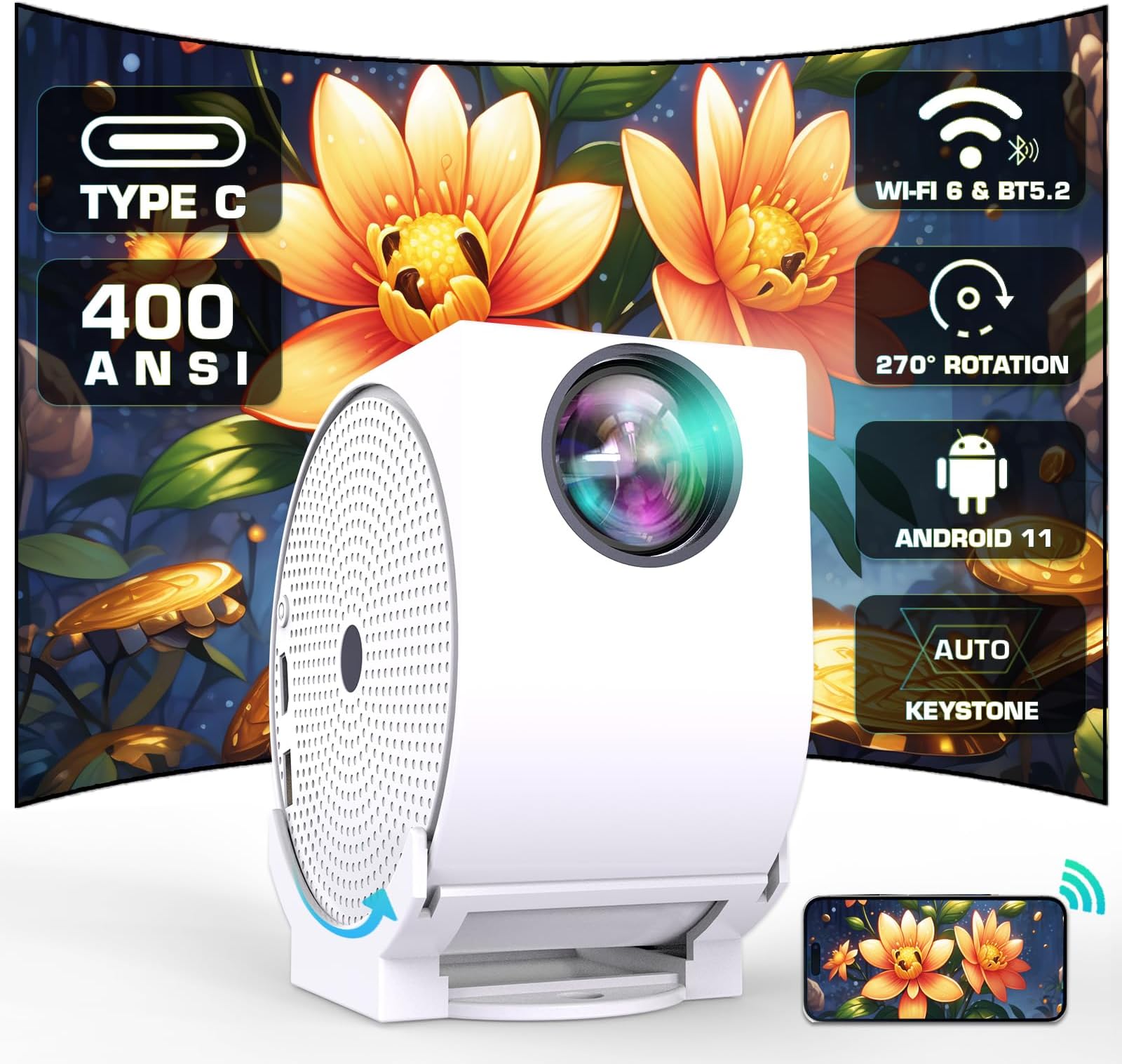 [Built-in Apps] Projector with WiFi and Bluetooth, Android Smart Projector 4K Support Portable Video Projector 270°Adjustable, 400 ANSI Lumen, Auto Keystone & Focus, Outdoor Movie Projector (2025)