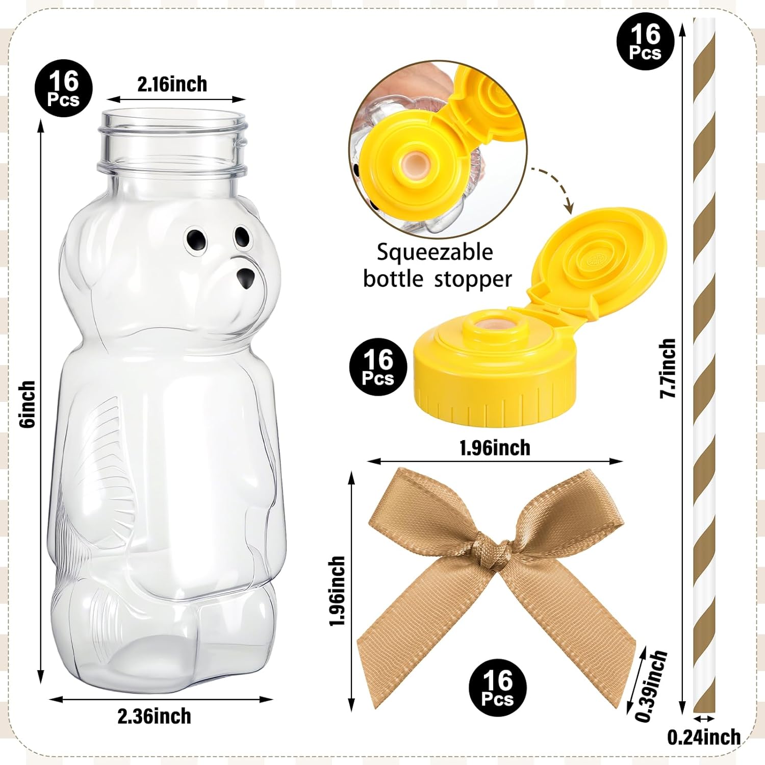 Honeydak 16 Pack Bear Straw Honey Cup for Baby 8 oz Bear Drinking Honey Bottles Empty Plastic Squeeze Bottles with Flip Top Lid Bow Jar Containers for Baby Shower Birthday Party Decoration(Brown)