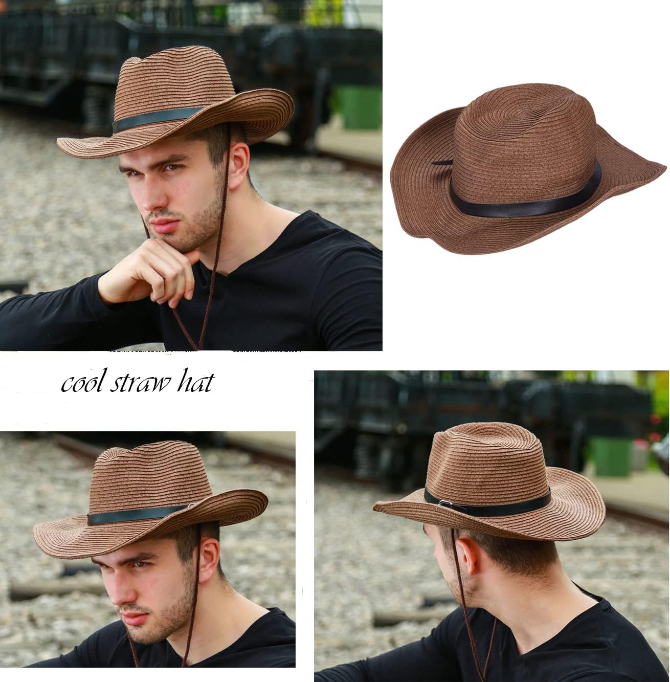 Straw Cowboy Hat for Men Women Wide Brim Sun Hat Cowgirl Panama Hat with Chin Strap Sombrero UV Protection Travel Outdoor Hat - Image 7