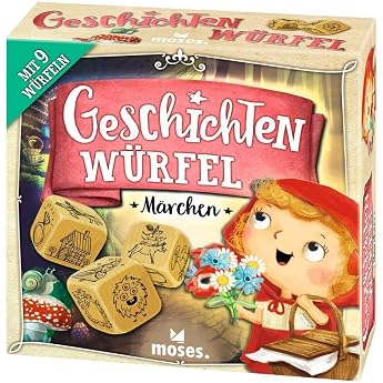 moses. 90147 Story Cube Fairy Tales 9 Fairytale Telling Dice for Children Creative Dice Game with Extra Large Wooden Dice Children's Game for 1-6 Players from 6 Years