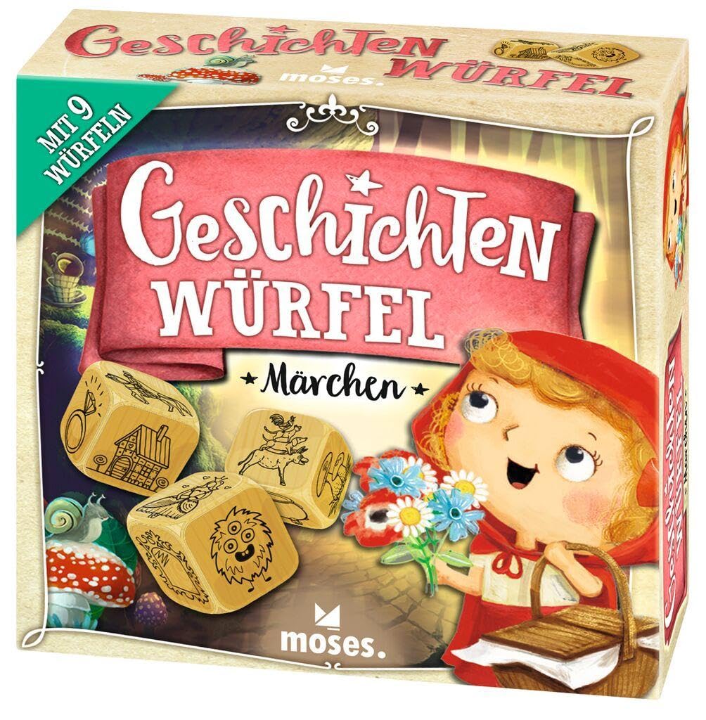 moses. 90147 Geschichtenwürfel Märchen, 9 märchenhafte Erzählwürfel für Kinder, kreatives Würfelspiel mit extra großen Holzwürfeln, Kinderspiel für 1-6 Spieler ab 6 Jahren