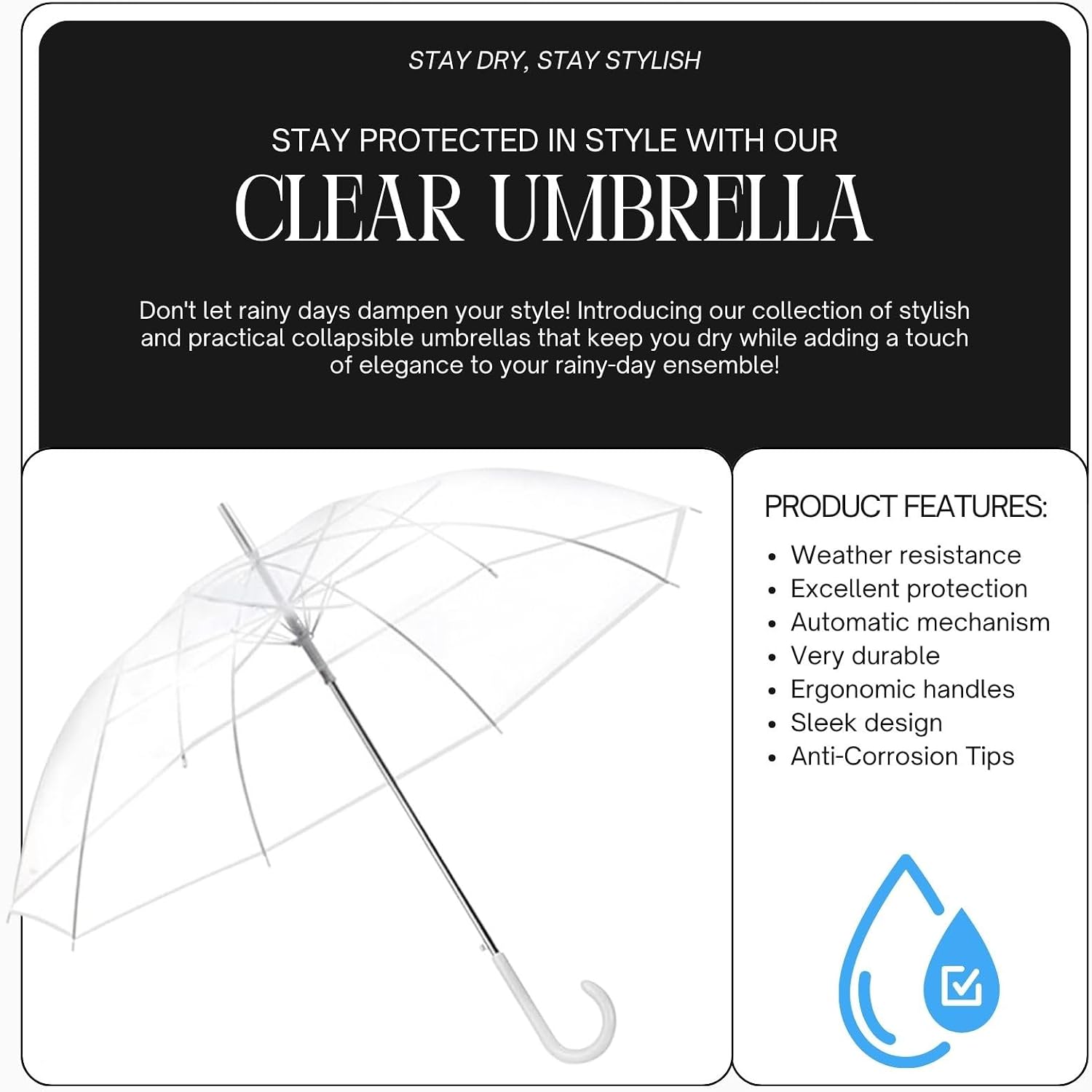 Liberty Imports Large Clear Umbrella, Rain Windproof Transparent Auto Open Long Stick Umbrella for Photo Prop Travel Outdoor Events