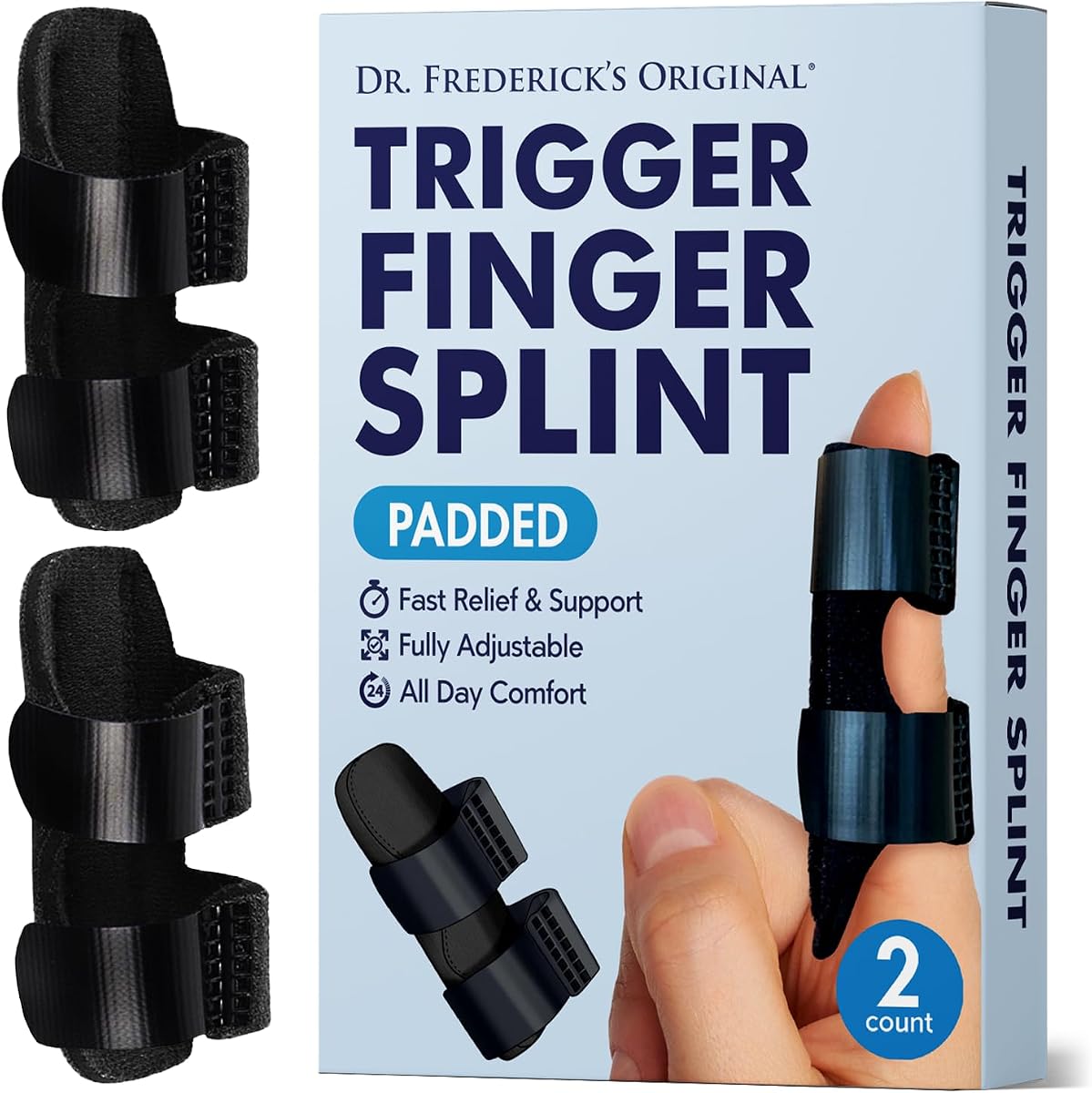 Dr. Frederick's Original Trigger Finger Splints, Regular Black, 2 ct | Padded adjustable brace, Arthritis, mallet finger and tendonitis, Index, middle and ring fingers, Doctor-developed