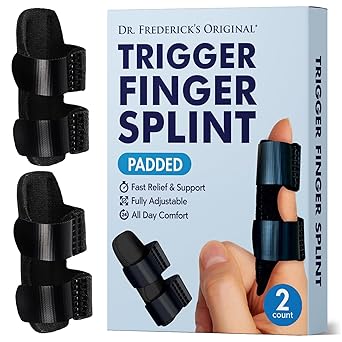 Dr. Frederick's Trigger Finger Splint - 2 ct - HSA/FSA - Index, Middle & Ring Fingers - Padded Brace for Arthritis, Mallet Finger, Tendonitis - Adjustable, Doctor-Developed - Regular Black