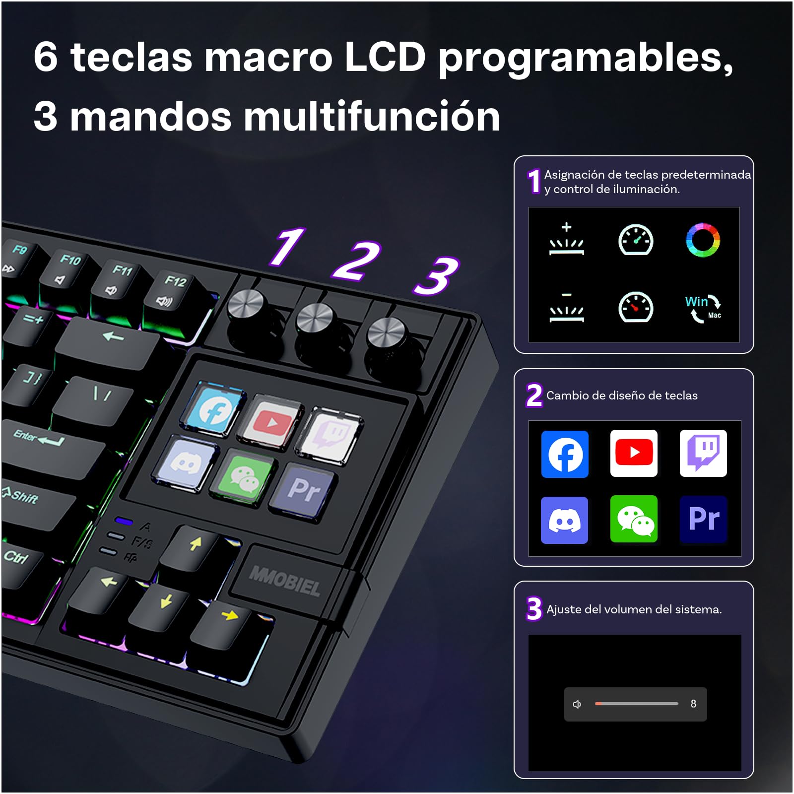MMOBIEL Teclado Mecánico para Stream Deck Teclado QWERTY RGB Hot-Swappable con 6 Teclas Macro LCD Programables y 3 Diales de Control para OBS, Streaming, Edición de Video – para Windows/macOS