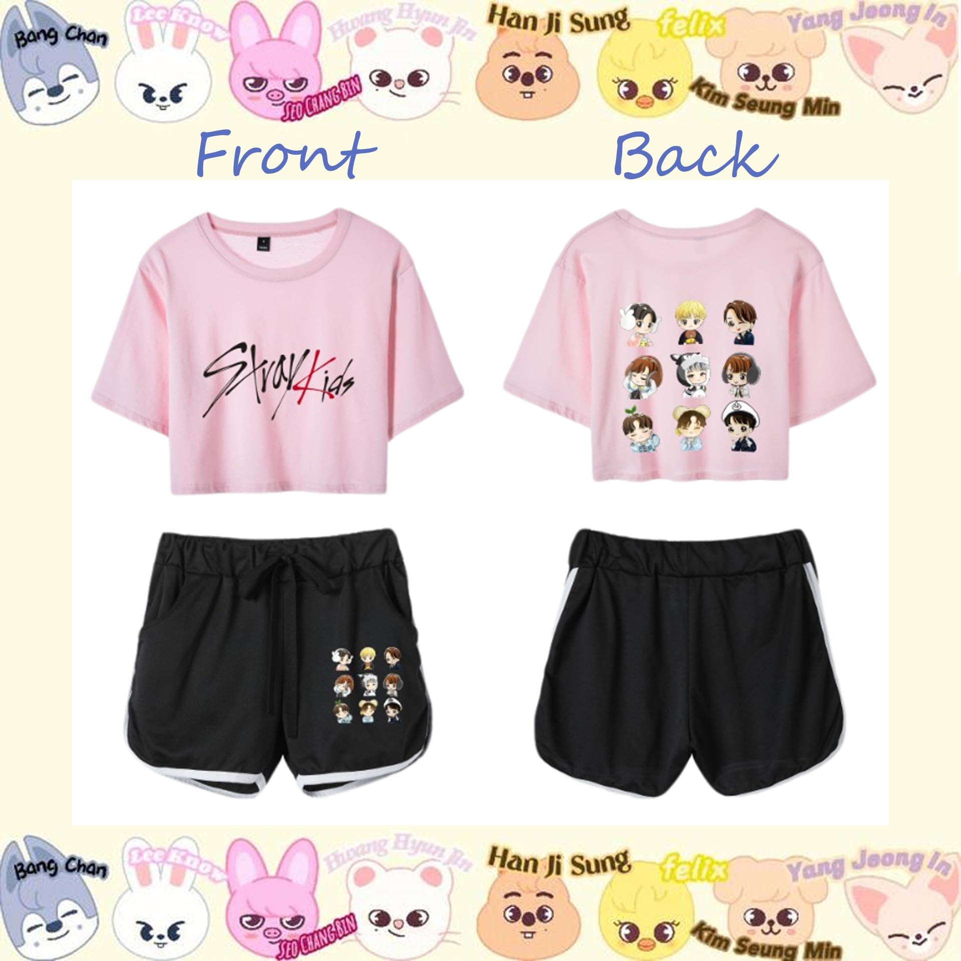 Kpop stray kids camiseta+pantalones cortos conjunto de mujeres 2piezas de manga corta trajes niñas impresión top
