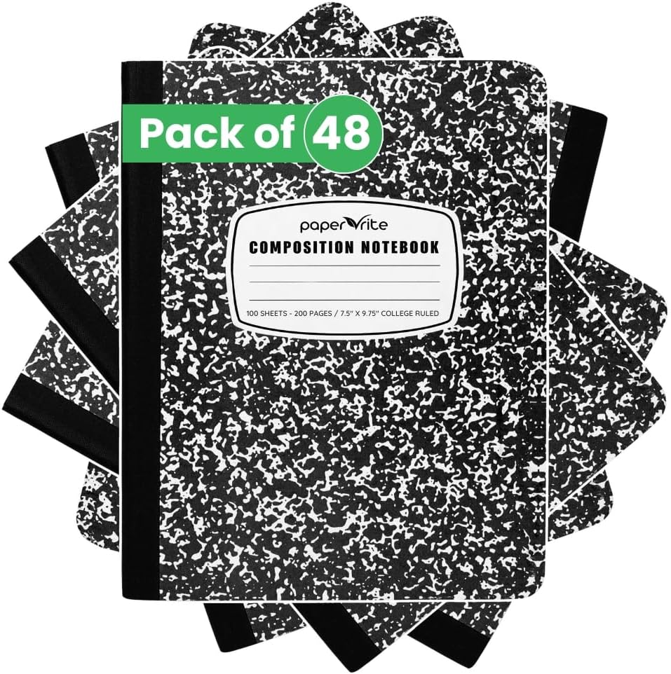 College Ruled Composition Notebook Black Marble | 100 Sheets | 9.75 x 7.5 Inches | Durable Sewn Binding for School & Office Use (48)