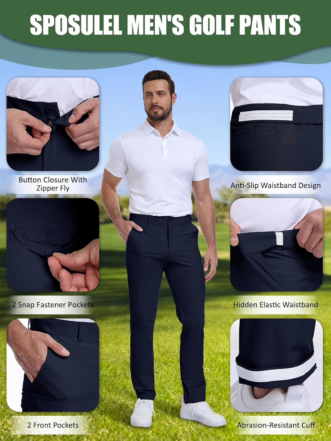 SPOSULEI Men's Golf Pants Waist Elastic Lightweight Quick Dry Water Resistant for Casual Trousers with 4 Pockets - Image 4
