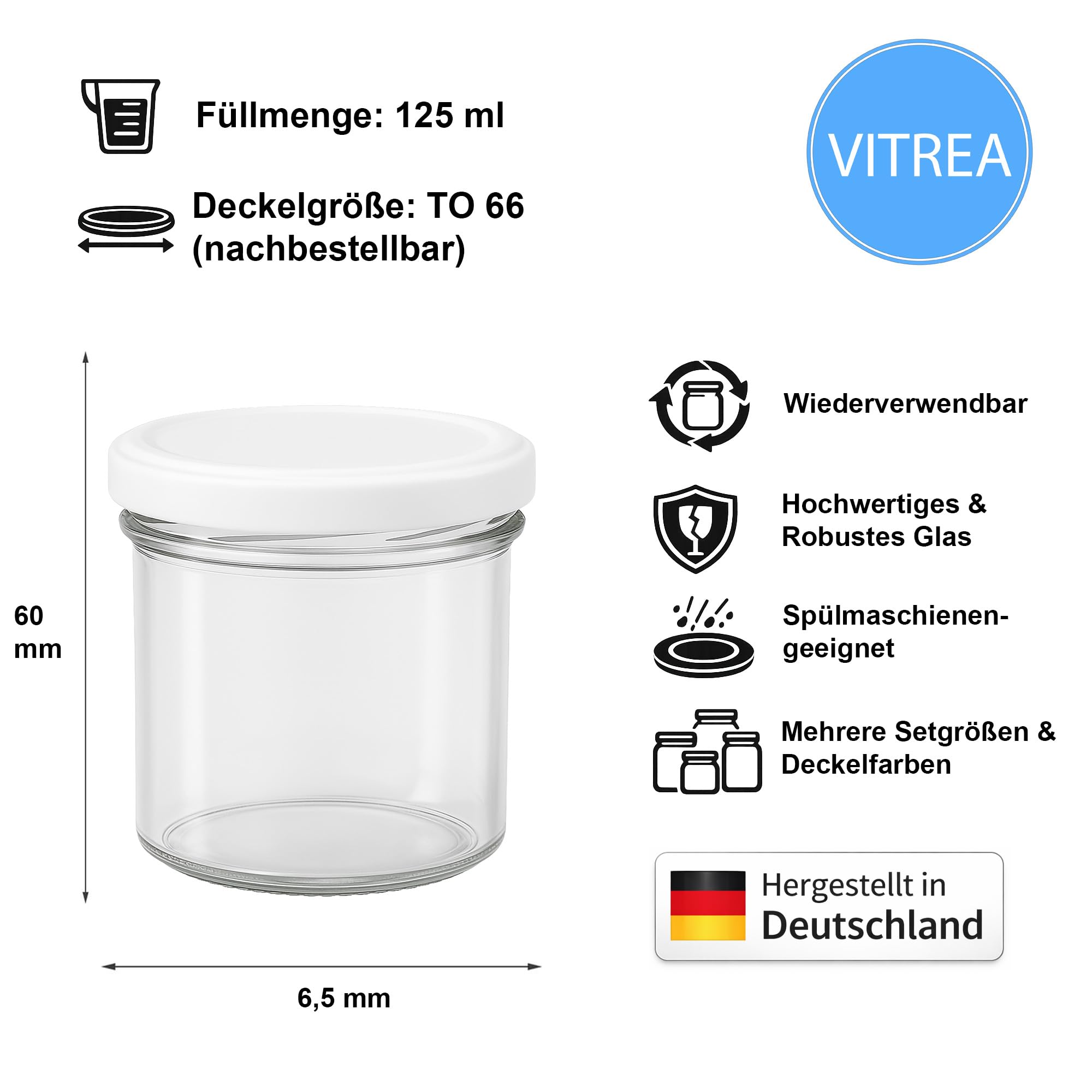 Vitrea 100x Marmeladengläser 125 ml - mit Deckel Weiß TO 66 - Einmachgläser zum befüllen mit Schraubdeckel - Sturzgläser für Marmelade Schraubgläser - leere Gläser - 100 Stück