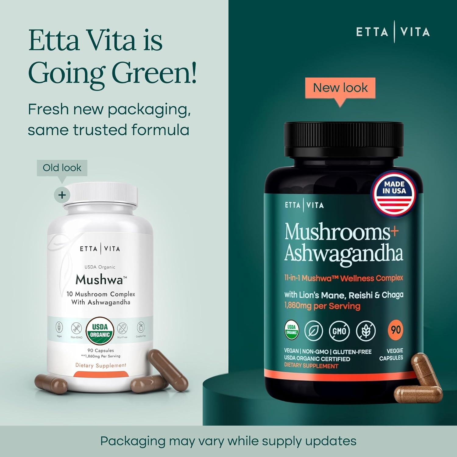 Etta Vita USDA Organic Lions Mane Supplement Capsules with Ashwagandha, Chaga, Reishi, Cordyceps, Turkey Tail - 10x Adaptogenic Mushroom Complex as Focus Supplement - Energy, Immunity & Nootropic