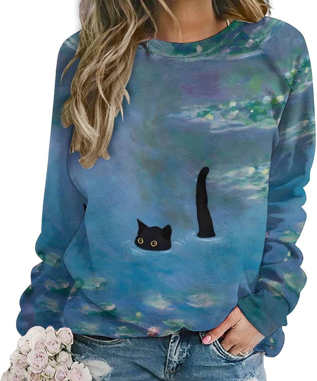 Bengbobar Women’s Cat Print Sweatshirt Pullover Long Sleeve Cute Cat Lover 3D Graphic Lightweight Casual Loose Hoodie Shirt
