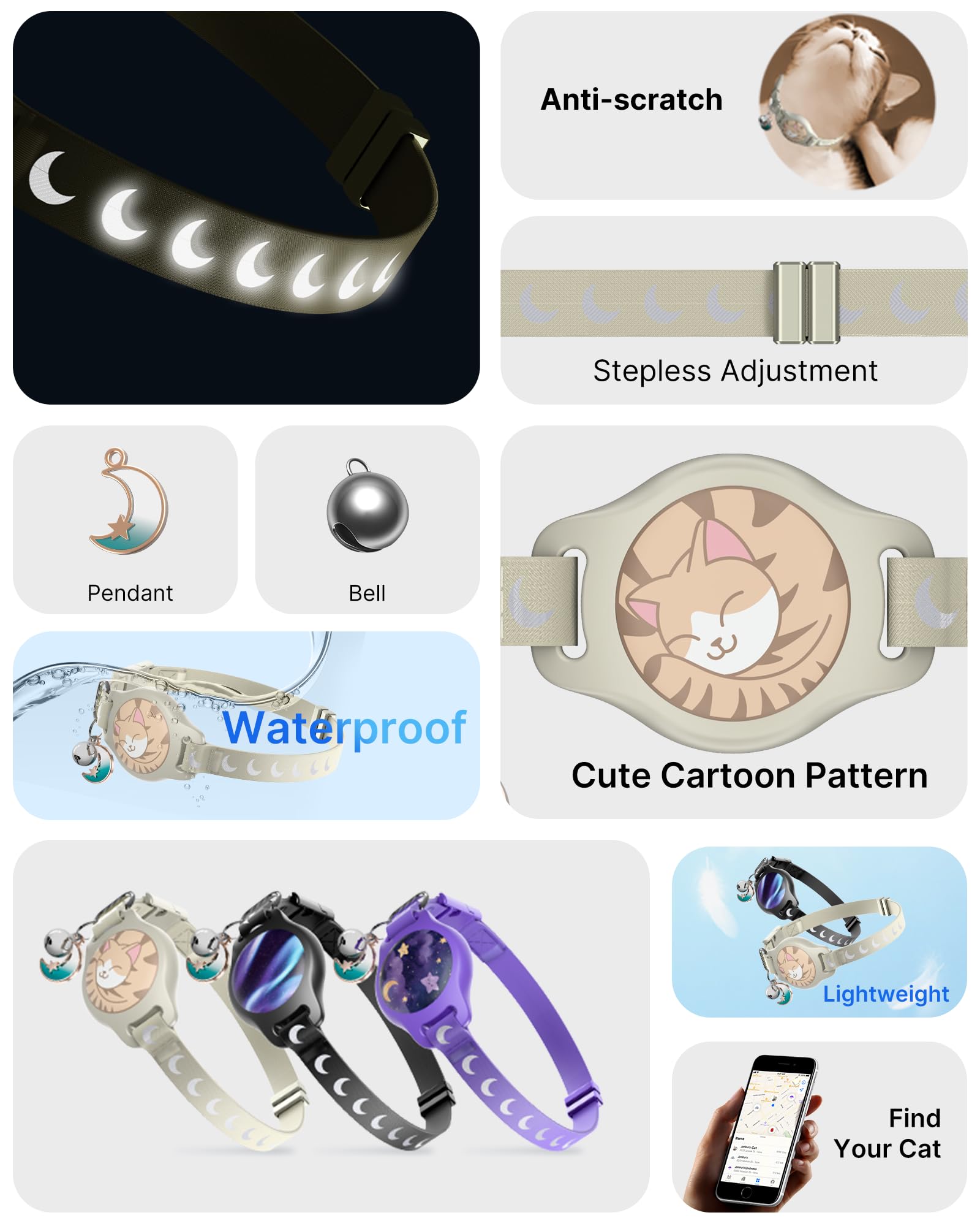 Collar de gato con soporte para Airtag, collar de gato Breakaway Airtag para Apple Air Tag con patrón luminoso y reflectante, collares GPS impermeables para niños y niñas, gatos con campana, caqui