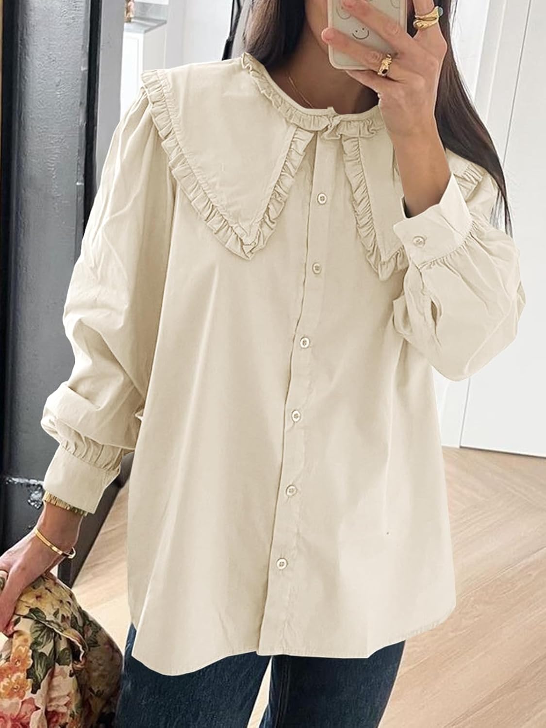 Tankaneo Womens Button Down Shirts Cotton Puff Sleeve Babydoll Blouse Fall Casual Doll Collar Tops - Image 6