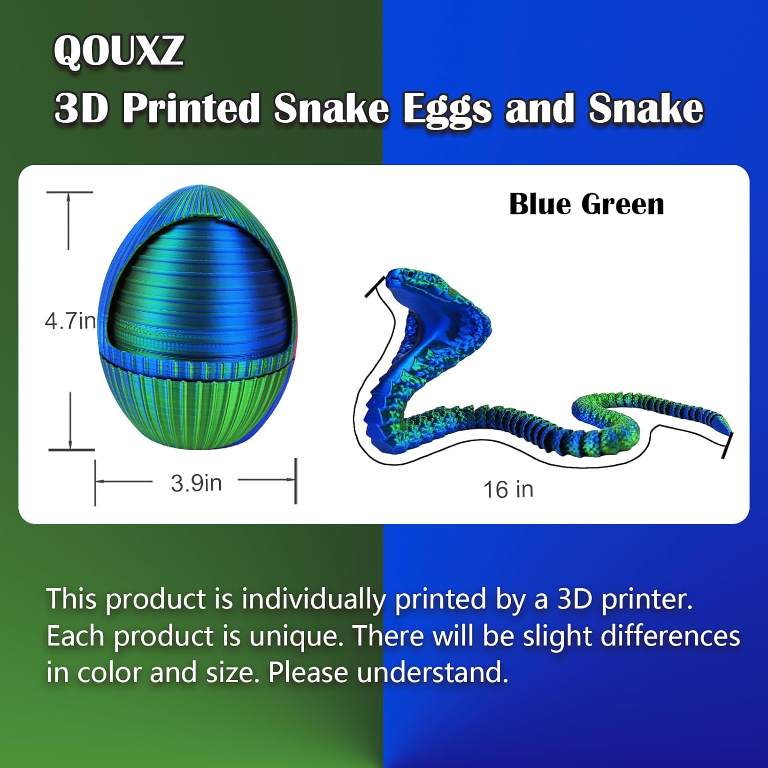 3D Printed Snake Eggs with 3D Printed Snake Inside, Cute Rotary Gear Eggs with 3D Printed Crystal Fidget Snake Animals Inside, Home Office Decor Executive Desk Crystal Cobra Toys（Blue Green