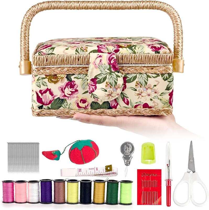 MKNZOME Sewing Box with Supplies Kit for Women, Complete Accessories | Vintage Wooden Sewing Basket Organizer with Removable Tray for Adults, Beginners, Professional, Floral Print, Gifts for Women