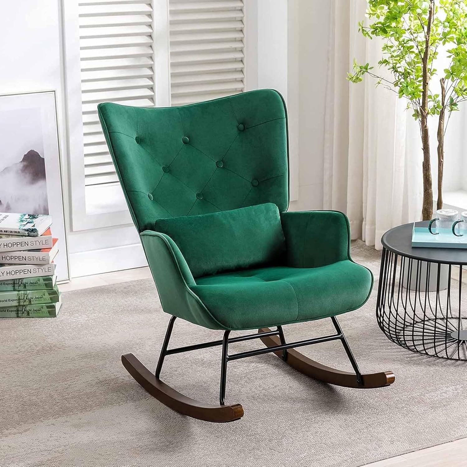 Nursery Rocking Chair with Solid Wood Legs Glider Chair with High Backrest Nursing Rocking Chair Rocker Armchair for Living Room, Bedroom, Balcony, Green