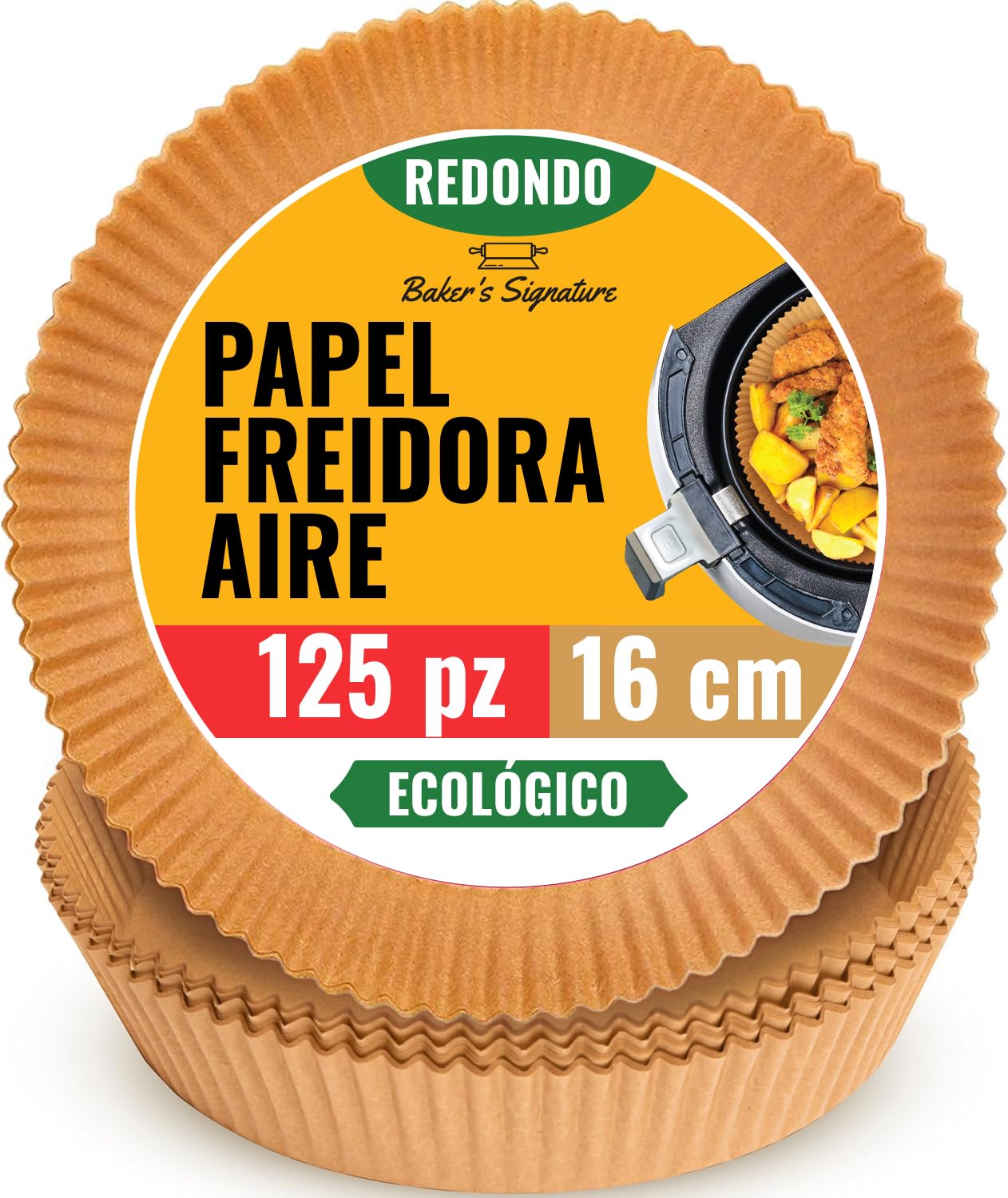 Papel Freidora Aire, 125 Piezas – Redondo, 16 CM, para 2-4L Cosori, Cecotec, Philips, Otras Marcas – Sin Blanquear, Accesorios Airfryer para Hornear, Cocinar, Limpieza Fácil por Baker's Signature The Forest Stewardship Council