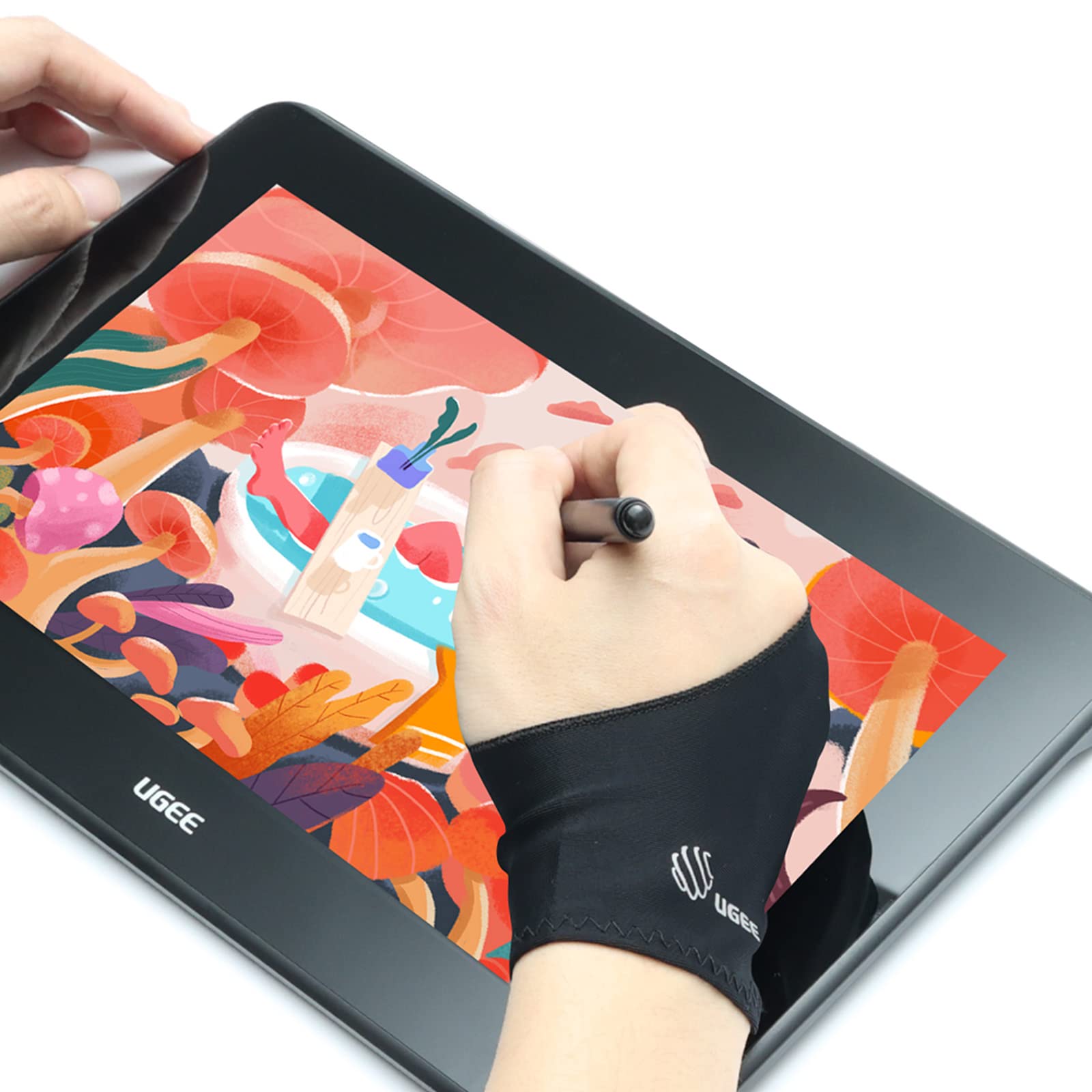 UGEE 1rękawica dla artysty na tablet z grafiką praworęczną, przeciwporostowa, z dwoma palcami do rysowania, czarna