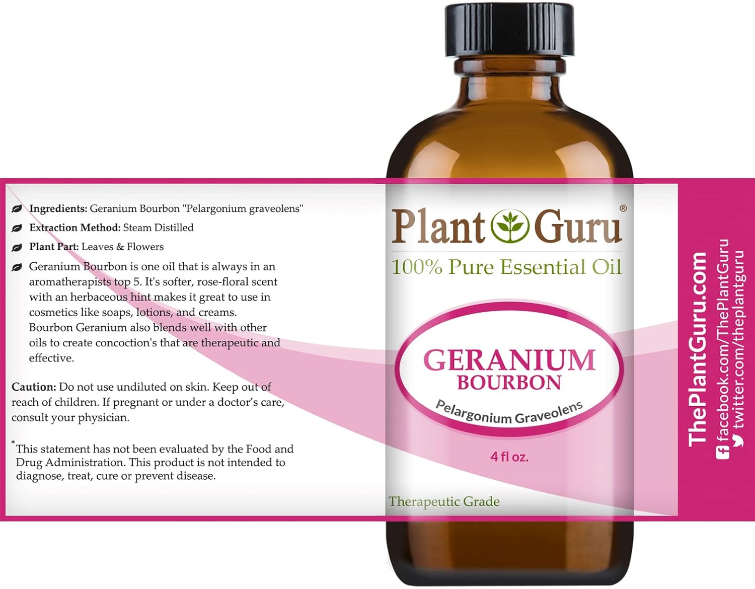 Plant Guru Geranium Bourbon Essential Oil 4 oz 100% Pure Undiluted Therapeutic Grade
