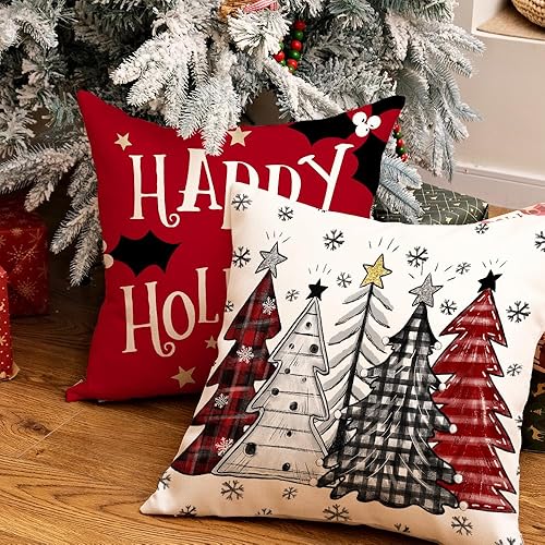 Miniatura 4 de G416-16 - Juego de 4 fundas de almohada de Navidad de 16 x 16 pulgadas, diseño de árboles rojos alegres y brillantes, gnomo, reno, muñeco de nieve,