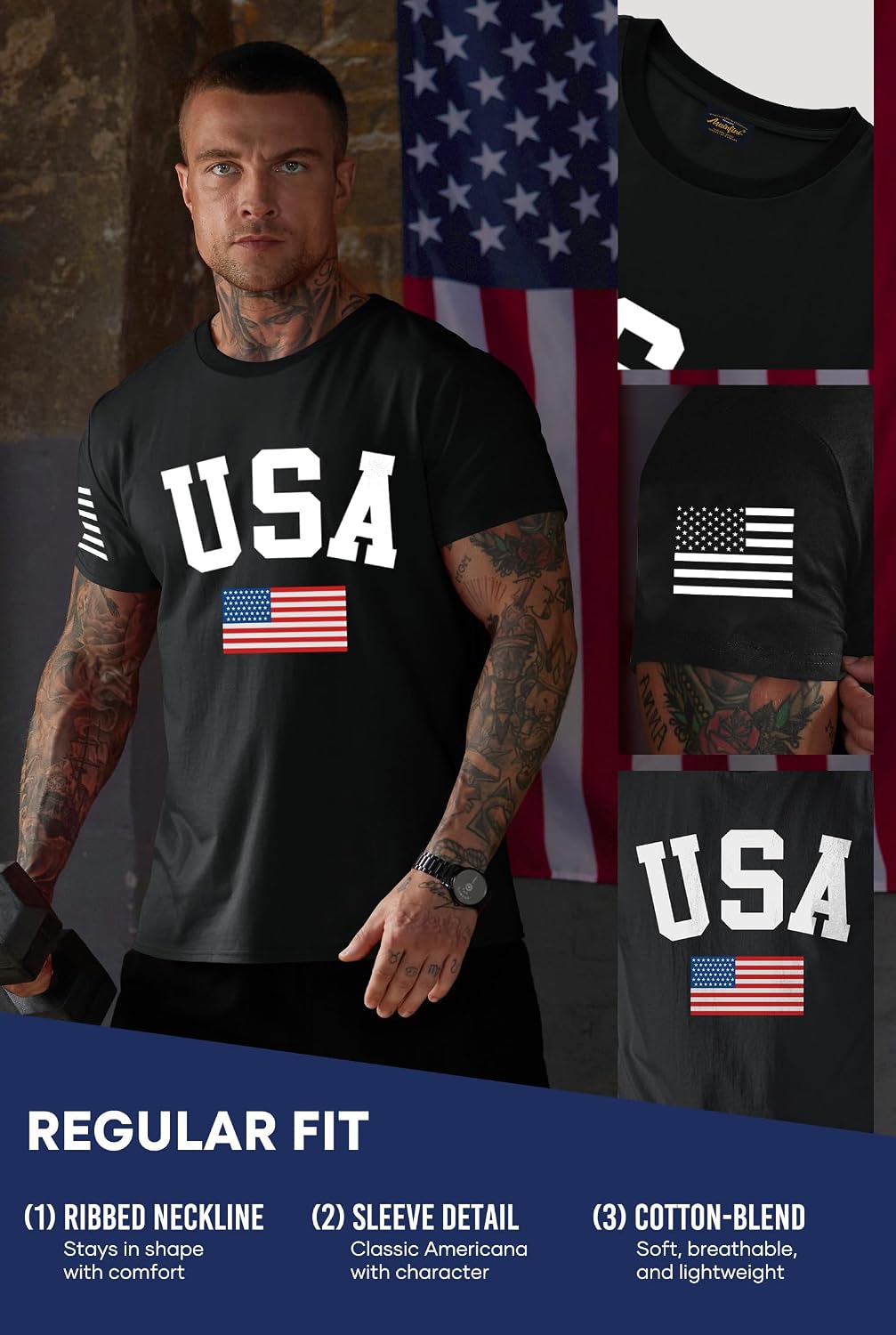 Mainfini Men's 4th of July T-Shirt American Flag 1776 Short Sleeve Tshirt (S-3XL)
