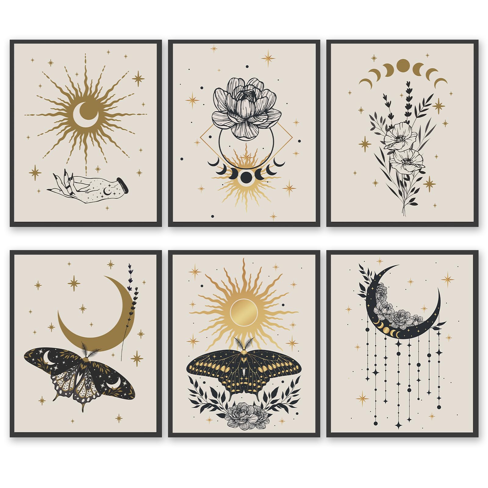 HOGEBIGAbstract Canvas Wall Art Prints, Boho Golden Colors Esoteric Alchemy Mystical Magic Posters, Crescent, Sun, Stars, Floral Moth, Occultism Wall Decor (8"x10" UNFRAMED)