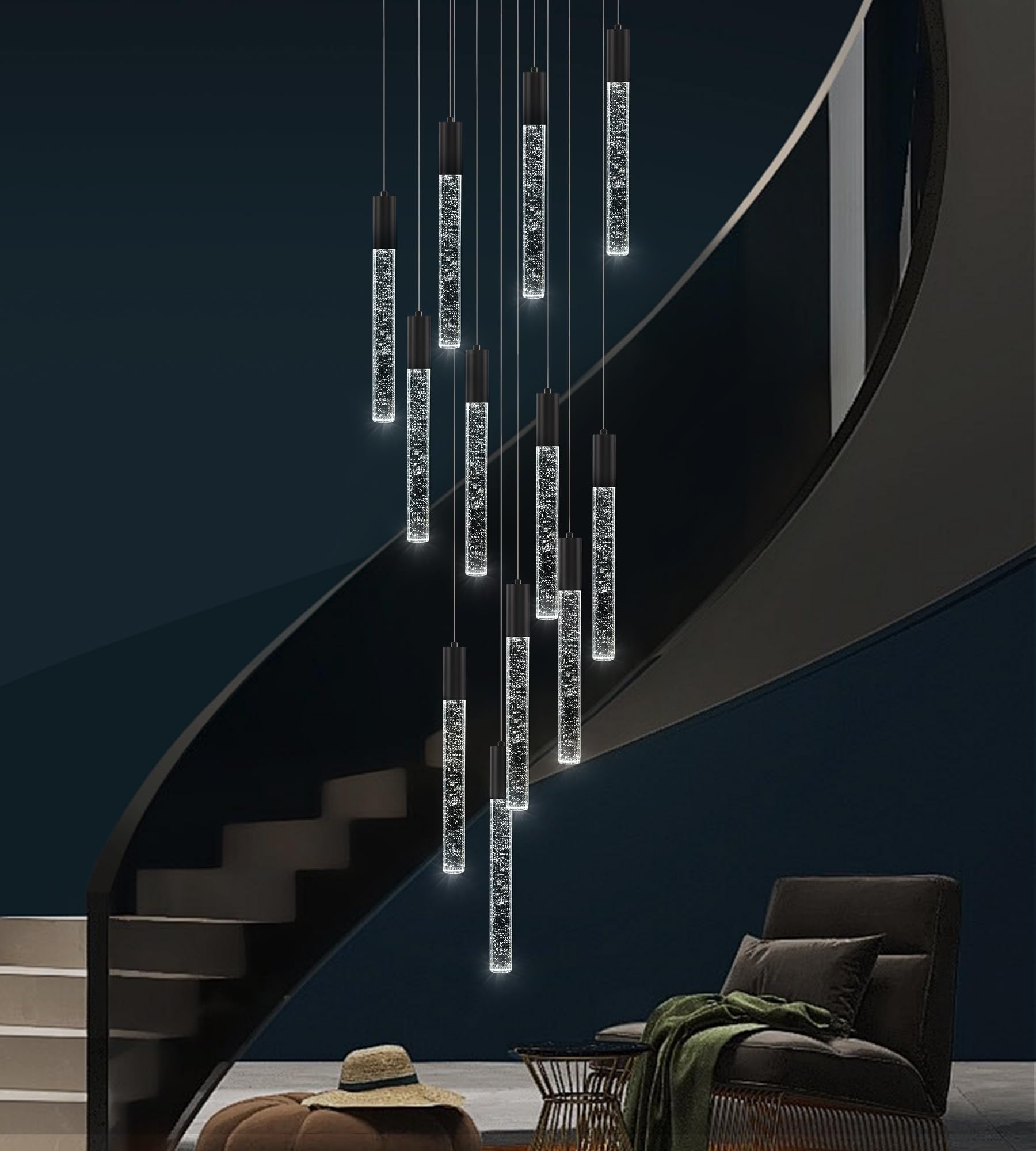 Phoonyii 12-Lights High Ceiling Crystal Chandelier, Modern Large LED Raindrop Pendant Light Fixture 98.5" H Flush Mount Chandelier Black for Foyer