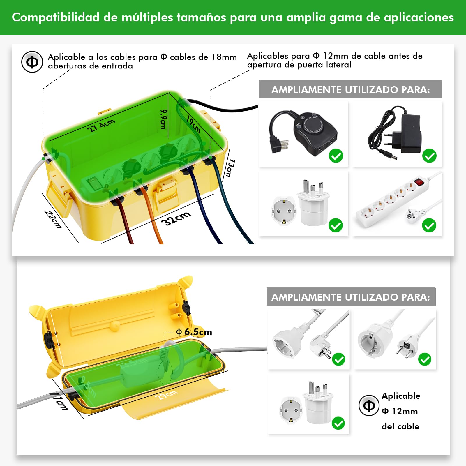 RESTMO Caja de Cables Eléctrica Impermeable IP44 para Exteriores, Caja de Protección Grande de Enchufe para Cable de Extensión, Resistente a la Intemperie, Herramienta Eléctrica, 29x11x7.5cm, Amarillo