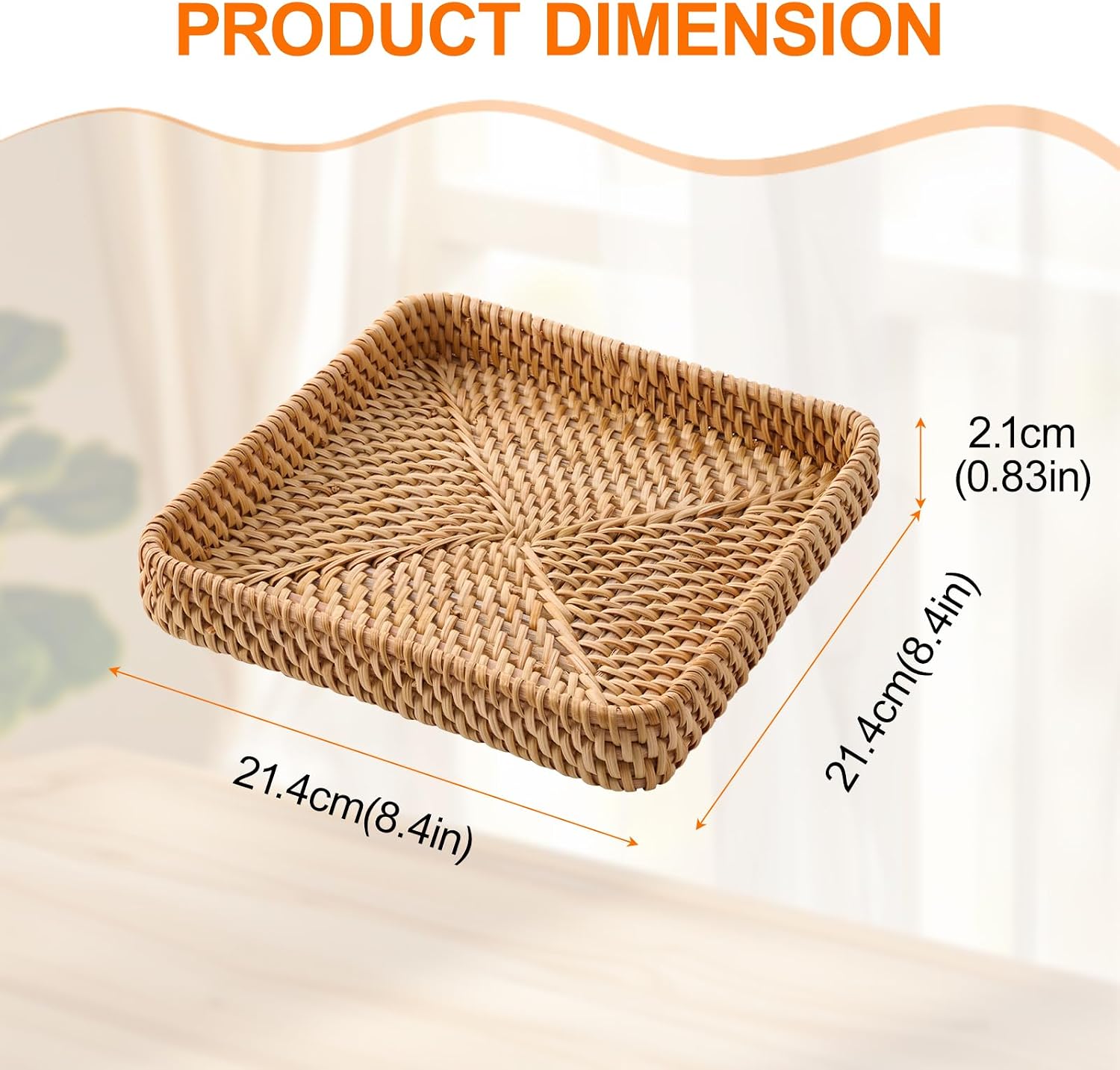 2 Pack Square Rattan Tray Set 8” Vietnam Rattan Decorative Tray Entryway Key Basket Hard Wicker Tray Storage Basket Remote Control Organizer Woven Basket for Coffee Table Kitchen Home Decor
