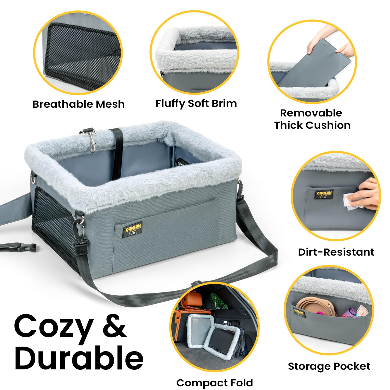 Conlun Dog Car Seat Booster for Small Pet Under 20lbs, Portable Travel Puppy Car Seat with Internal Steel Frame, Comfort Cushion & Storage Pockets, Adjustable Straps Fit Most Cars, Grey - image 5