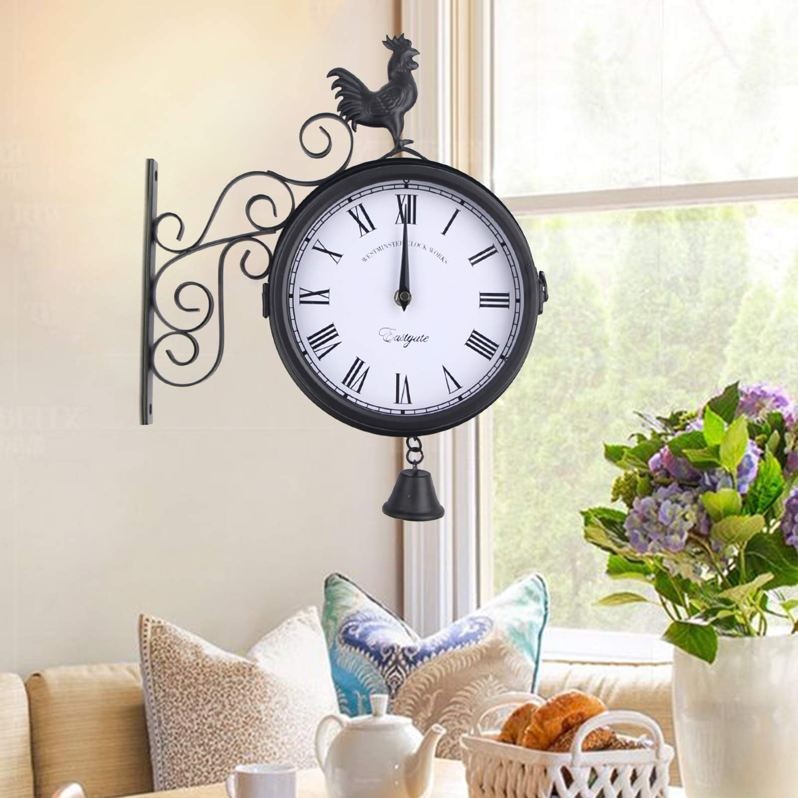 Horloge Murale Rétro Antique Double Face Noir - Jardin Extérieur, Gare de Train, Étanche, 30 x 9 x 37 cm