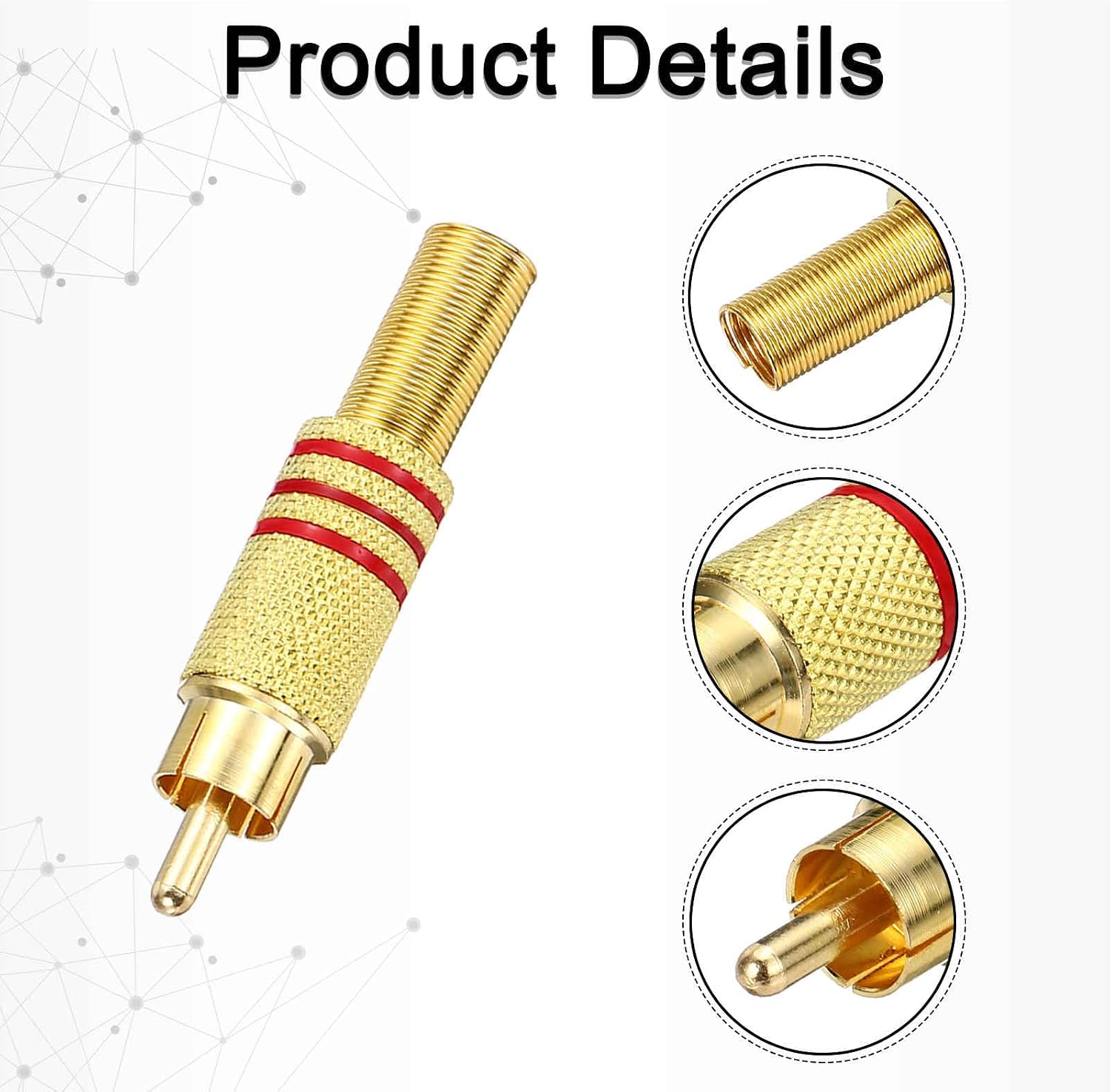 MECCANIXITY 10PcsRCA Male Plugs/Connector/Adapter, Speaker Wire Connector, RCA Solderless Gold-Plated Copper Male Stereo Audio Connector Adapter 8MM Jack(Gold，Red/Black Rubber Ring)