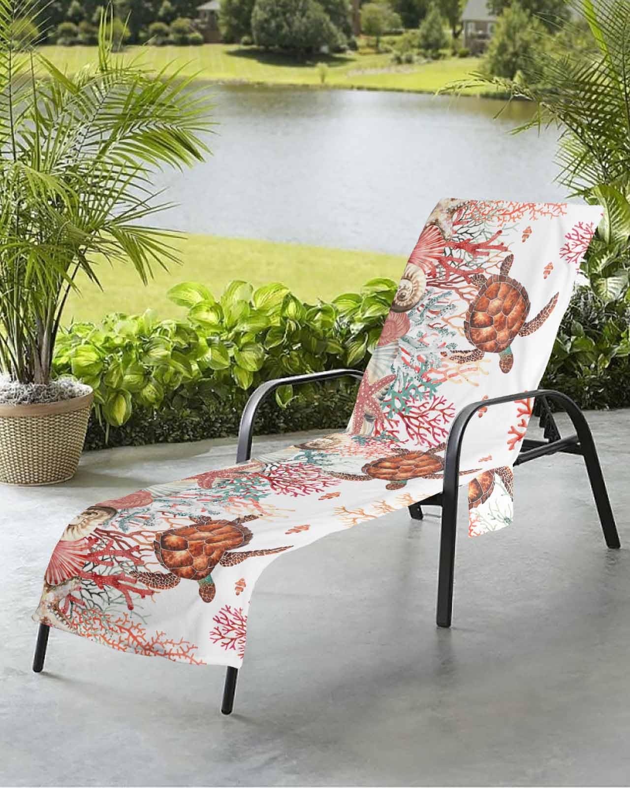 Nautical Turtle Coral Beach Chair Towel Covers for Chaise Lounge With Side Pocket, Soft Plush Pool Towels Cover for Patio Sunbathing Outdoor Tropical Summer Fish Seaweed Shell 29''x85''