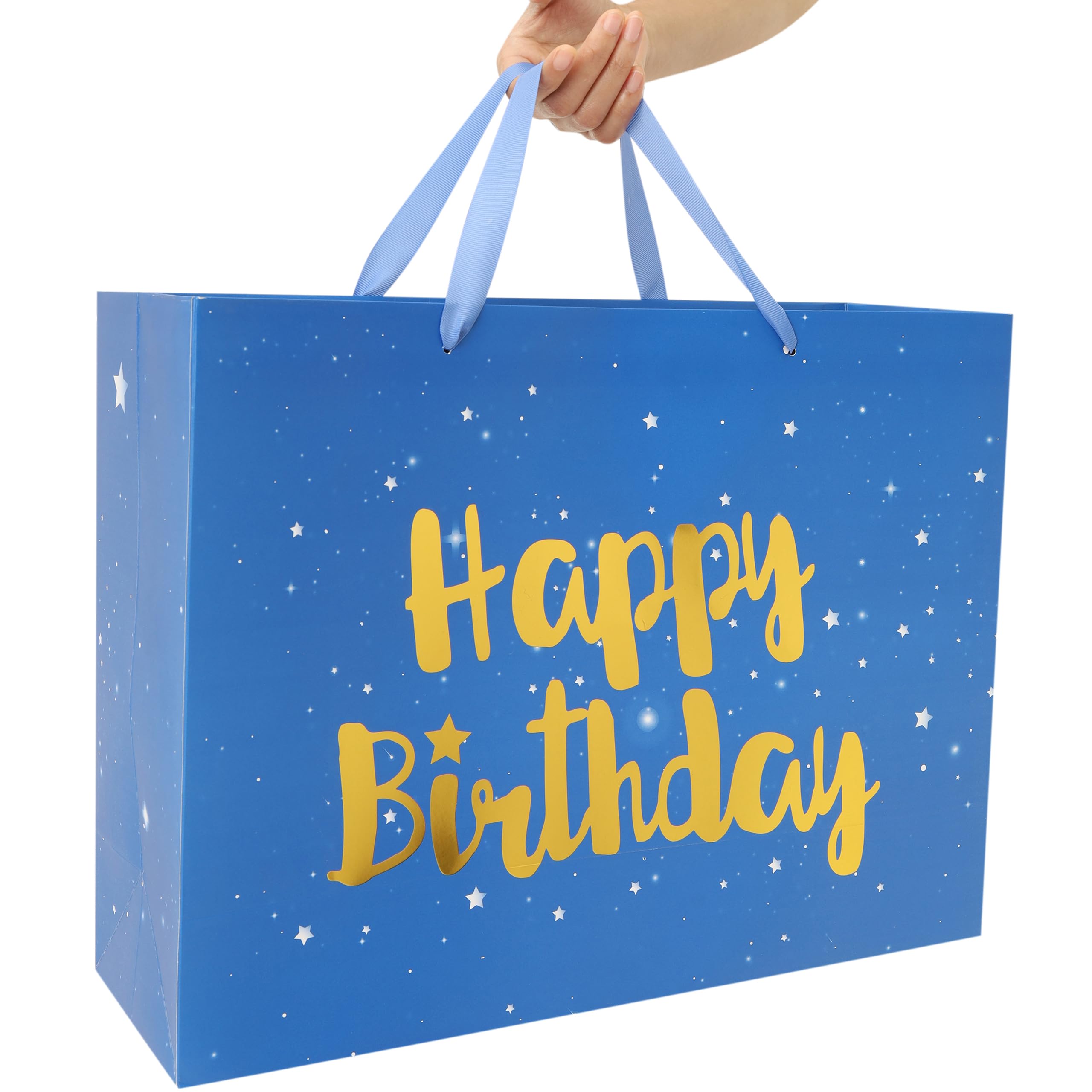 Qirrmiy 16.5” Extra Large Blue Happy Birthday Gift Bag Set with Handles, Greeting Card, Tissue Papers and Stickers for Men Boys Kids, Husband, Father, Stars Design, 1 Pcs