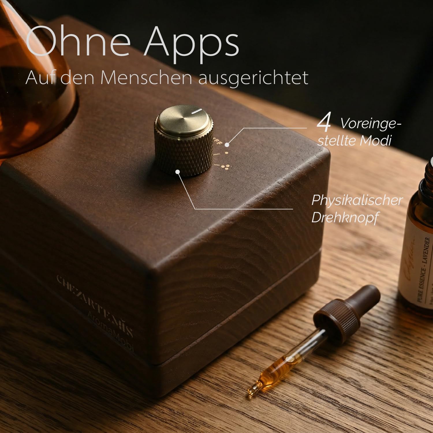 Amber Glas-Diffusor mit Naturholz-Sockel für Aromatherapie, Tragbarer Wasserloser Aroma Diffusor für Zuhause & Reise, Kabelloser Wiederaufladbarer Duftvernebler mit Timer & 4 Modi, Geschenkfertig